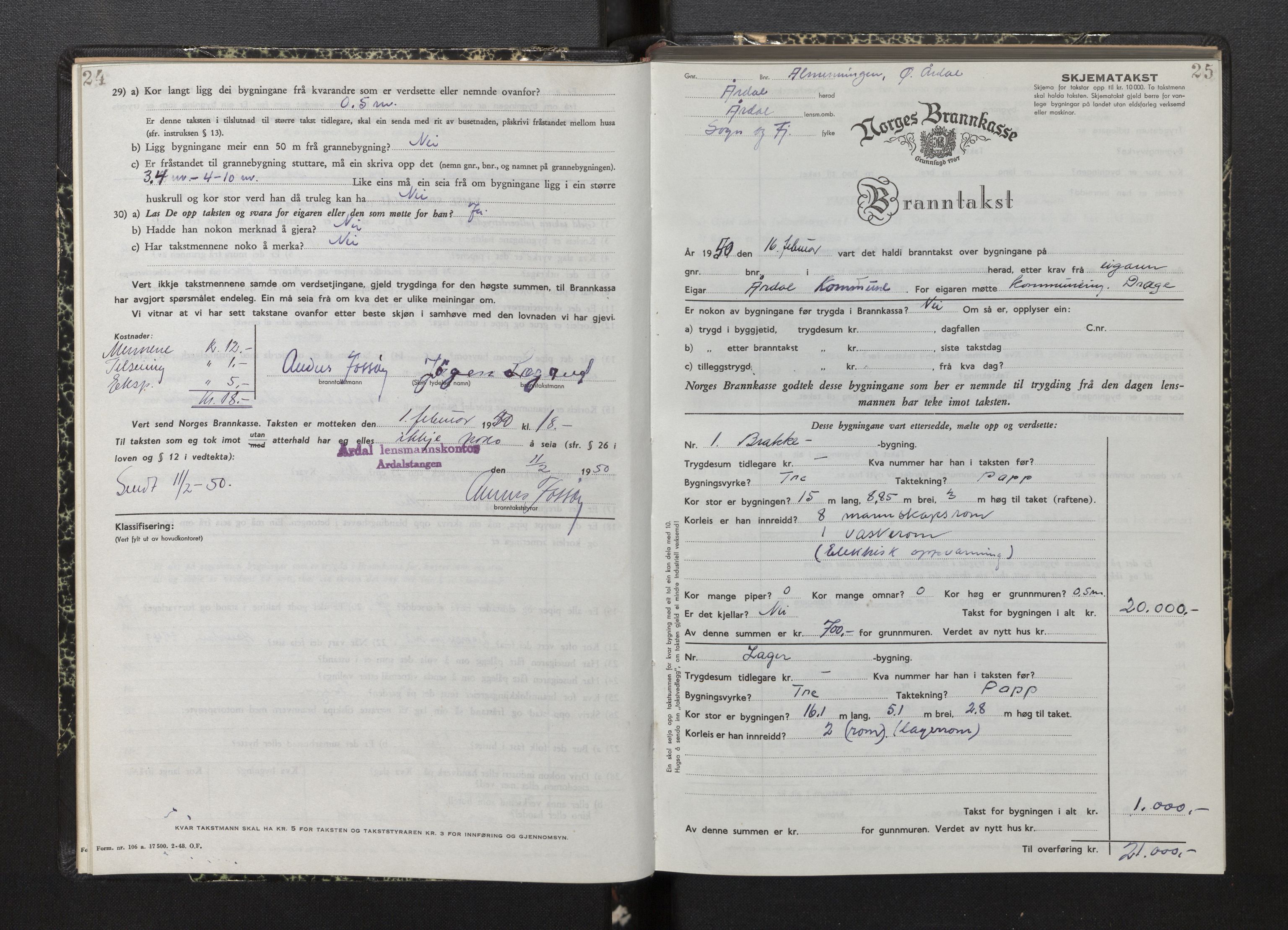 Lensmannen i Årdal, AV/SAB-A-30501/0012/L0012: Branntakstprotokoll, skjematakst, 1949-1955, p. 24-25