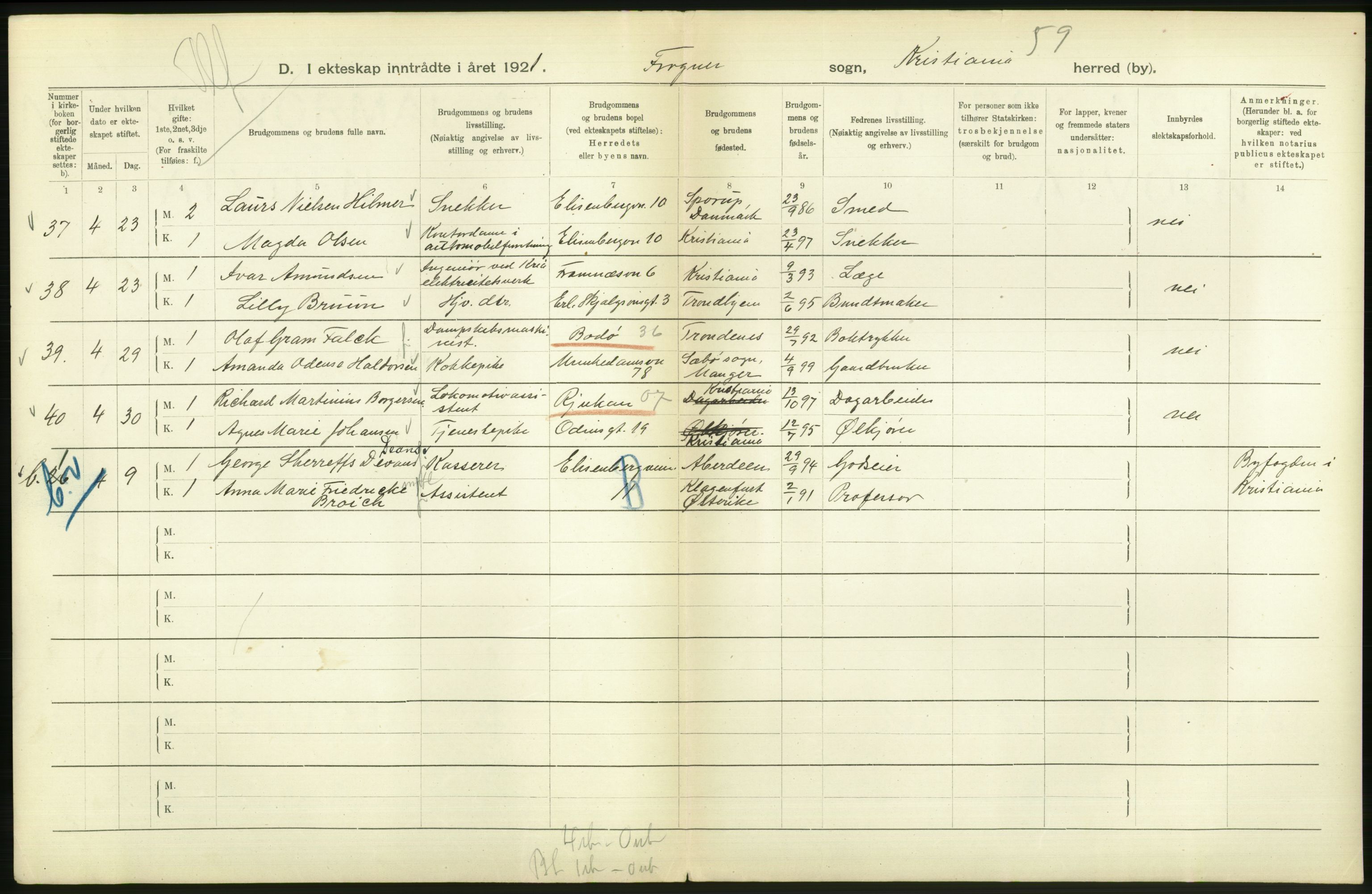 Statistisk sentralbyrå, Sosiodemografiske emner, Befolkning, RA/S-2228/D/Df/Dfc/Dfca/L0011: Kristiania: Gifte, 1921, p. 112