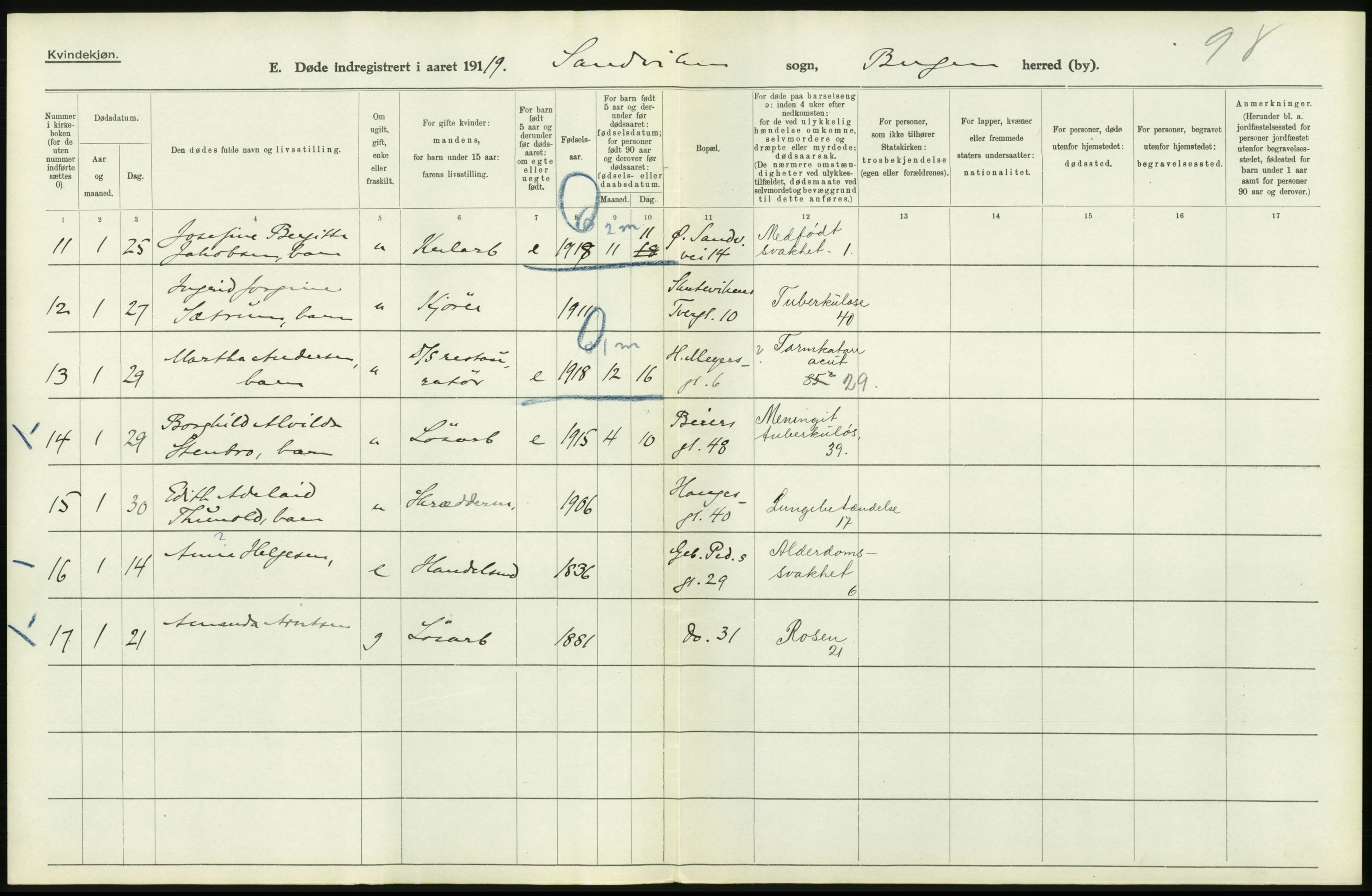 Statistisk sentralbyrå, Sosiodemografiske emner, Befolkning, RA/S-2228/D/Df/Dfb/Dfbi/L0035: Bergen: Gifte, døde, dødfødte., 1919, p. 476