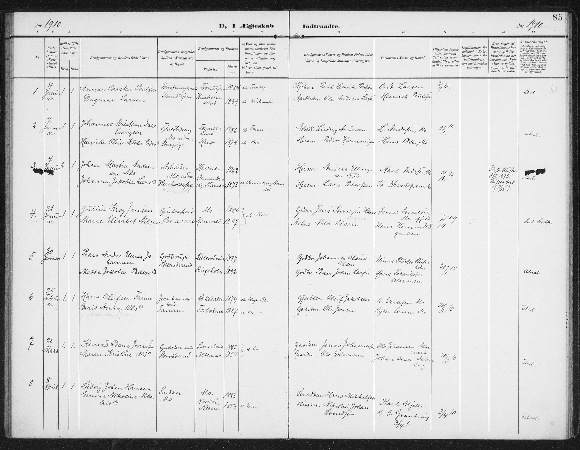 Ministerialprotokoller, klokkerbøker og fødselsregistre - Nordland, SAT/A-1459/827/L0403: Parish register (official) no. 827A15, 1903-1912, p. 85