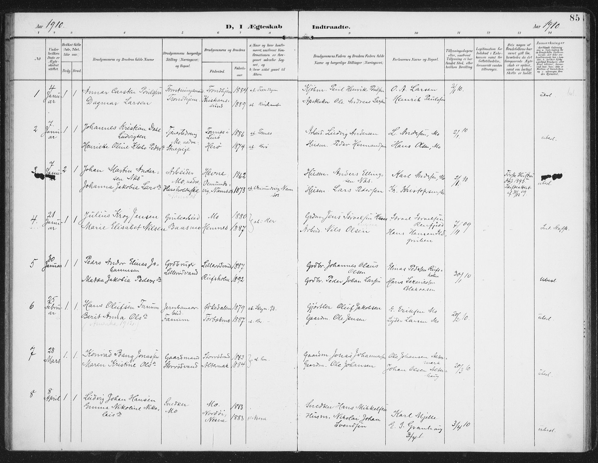 Ministerialprotokoller, klokkerbøker og fødselsregistre - Nordland, AV/SAT-A-1459/827/L0403: Parish register (official) no. 827A15, 1903-1912, p. 85