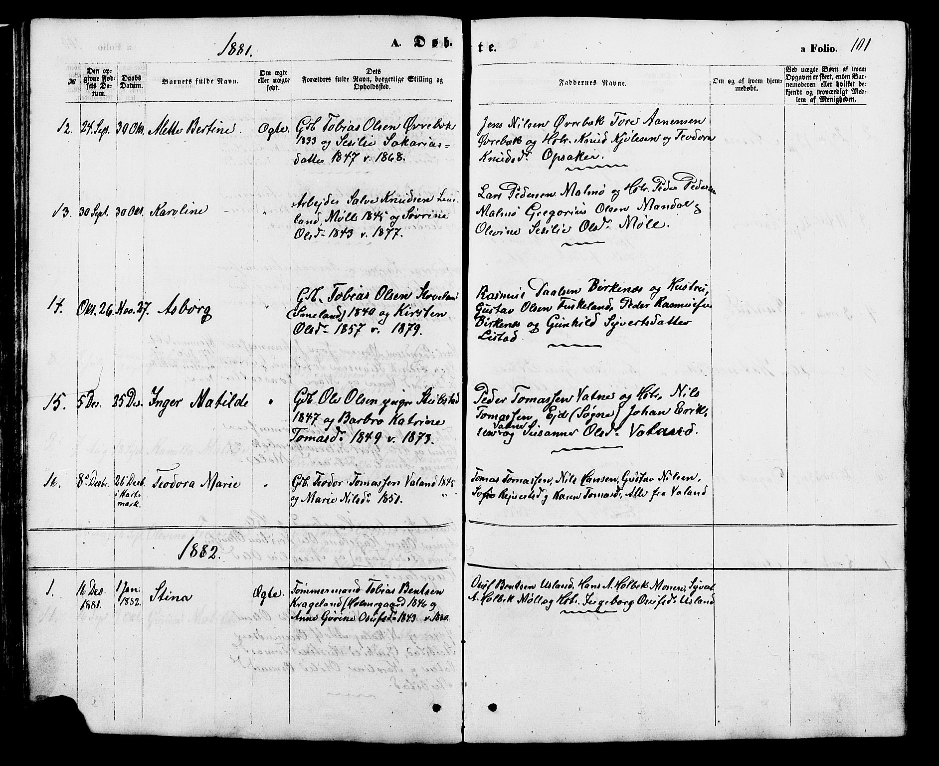 Holum sokneprestkontor, SAK/1111-0022/F/Fb/Fba/L0004: Parish register (copy) no. B 4, 1867-1890, p. 101