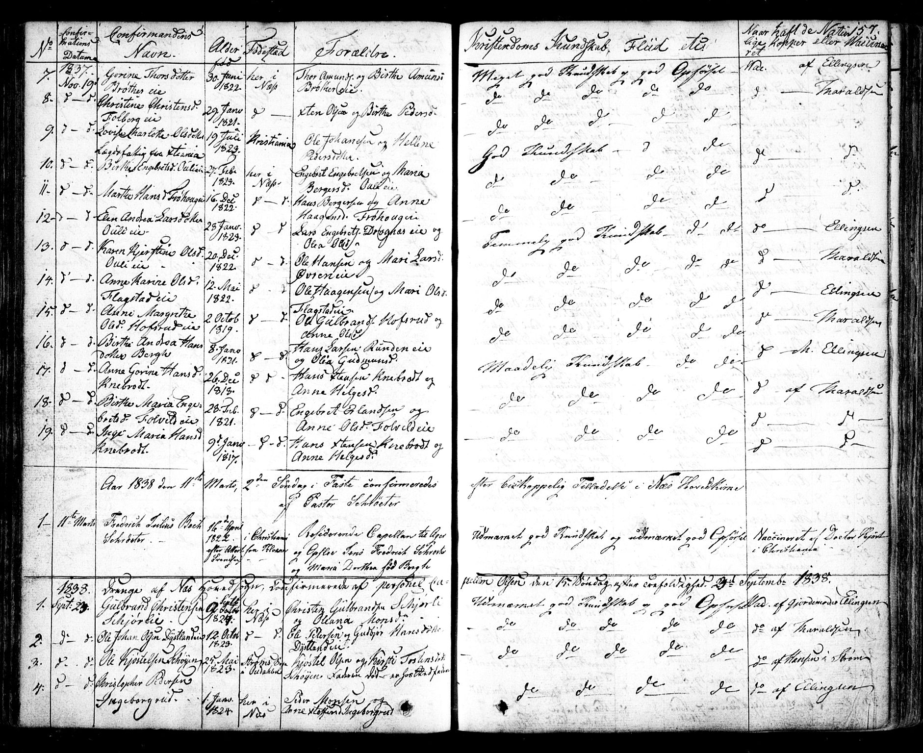 Nes prestekontor Kirkebøker, AV/SAO-A-10410/F/Fa/L0006: Parish register (official) no. I 6, 1833-1845, p. 157