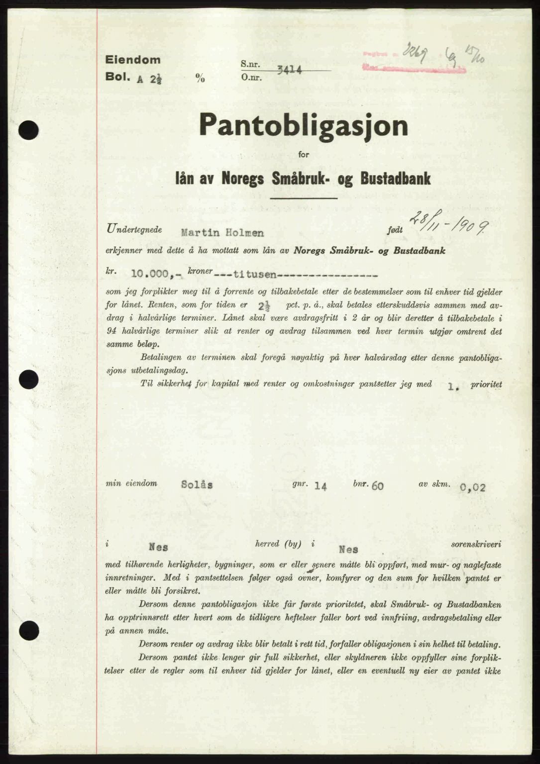 Nes tingrett, AV/SAO-A-10548/G/Gb/Gbb/L0031: Mortgage book no. 75, 1949-1949, Diary no: : 2269/1949