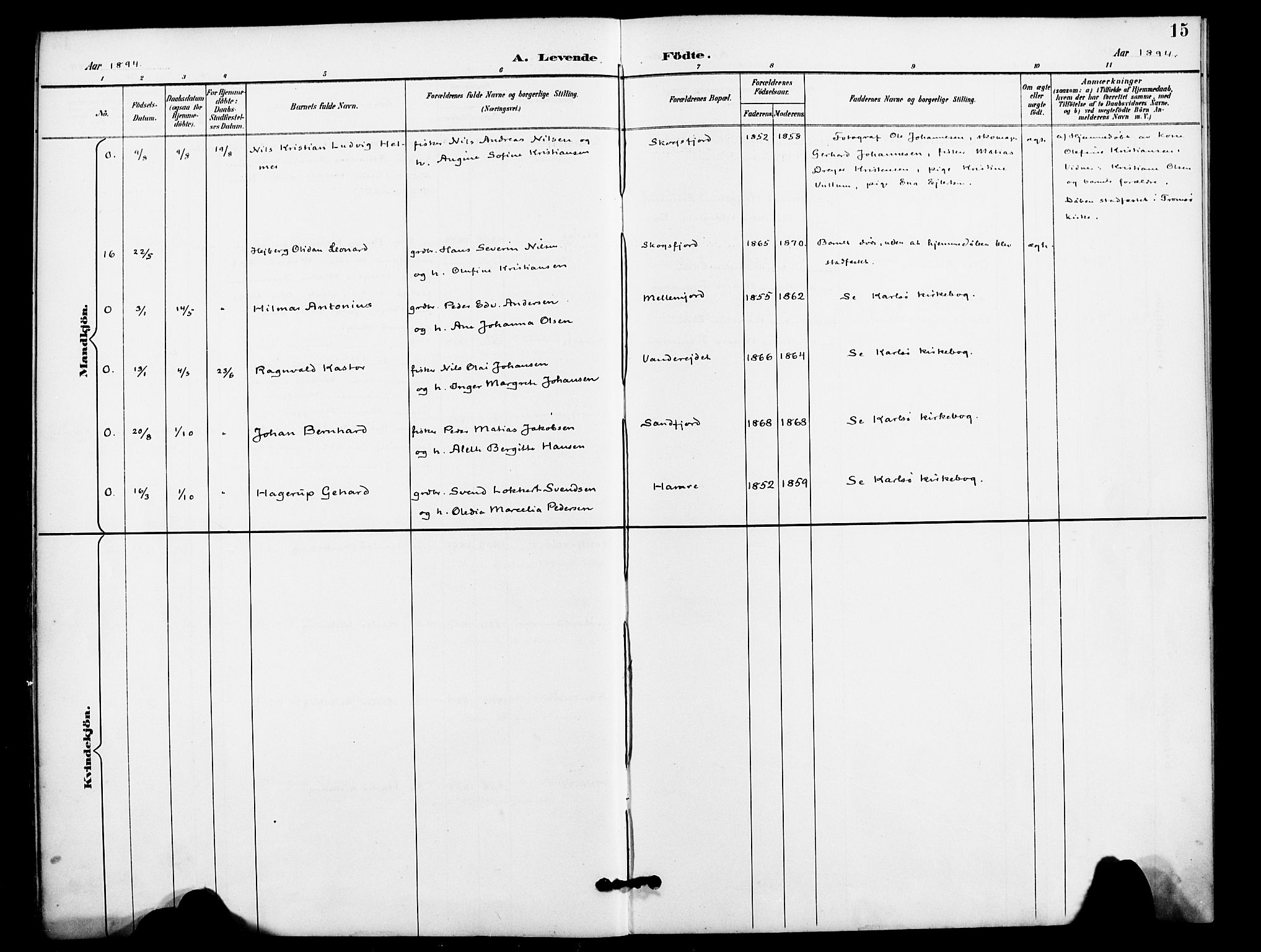 Karlsøy sokneprestembete, AV/SATØ-S-1299/H/Ha/Haa/L0012kirke: Parish register (official) no. 12, 1892-1902, p. 15