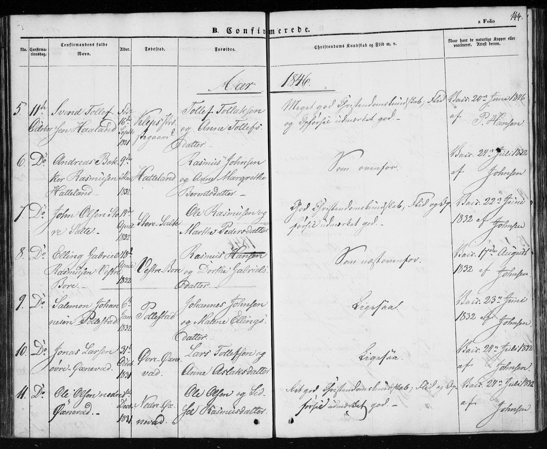 Klepp sokneprestkontor, SAST/A-101803/001/3/30BA/L0004: Parish register (official) no. A 4, 1842-1852, p. 144