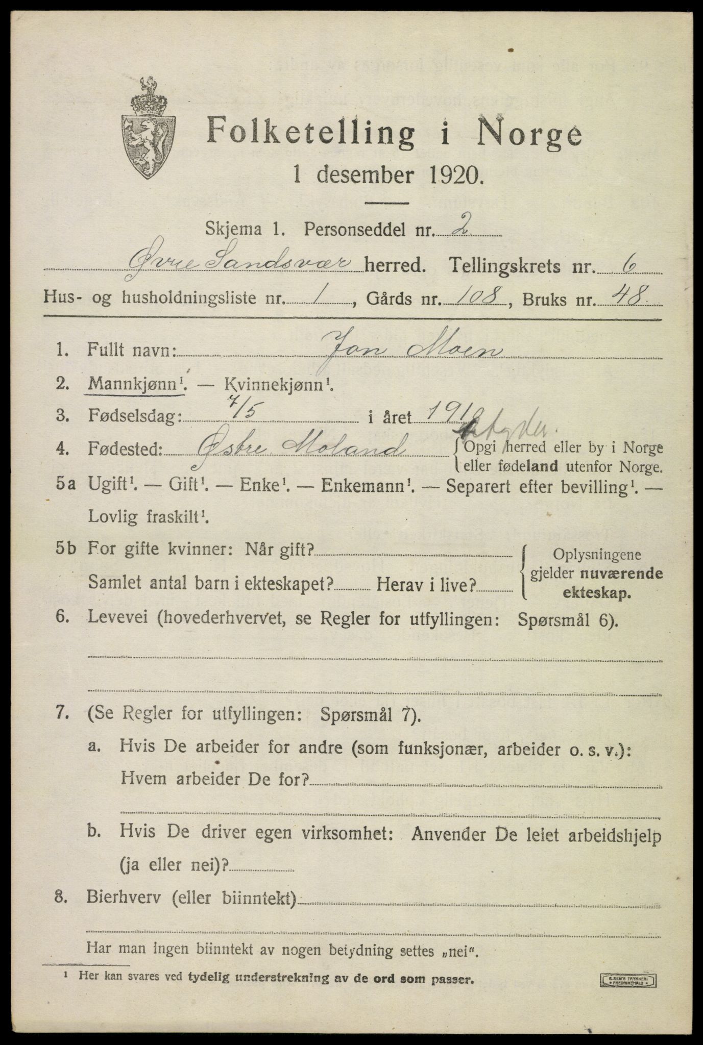 SAKO, 1920 census for Øvre Sandsvær, 1920, p. 3178