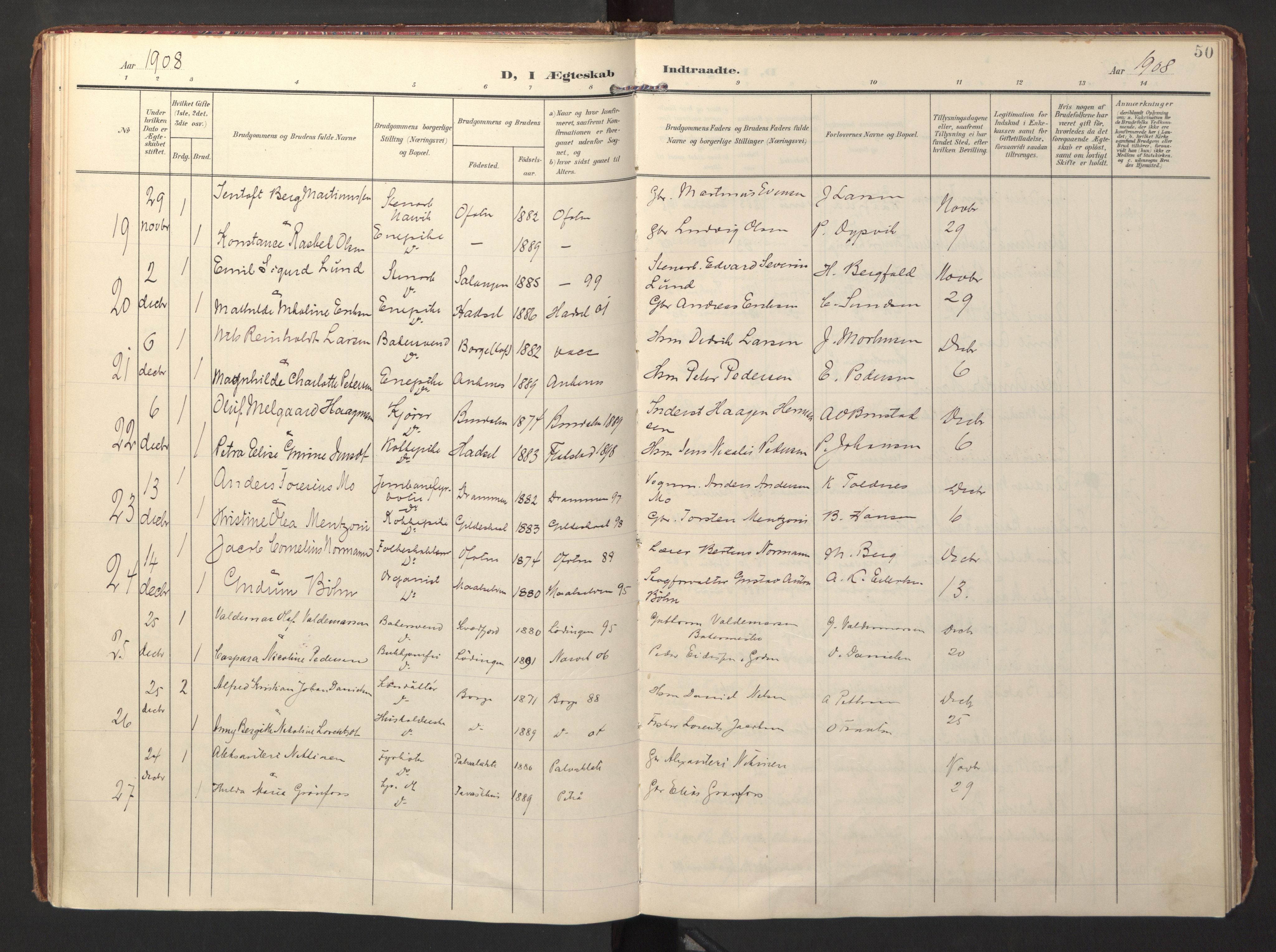 Ministerialprotokoller, klokkerbøker og fødselsregistre - Nordland, AV/SAT-A-1459/871/L0999: Parish register (official) no. 871A15, 1902-1917, p. 50