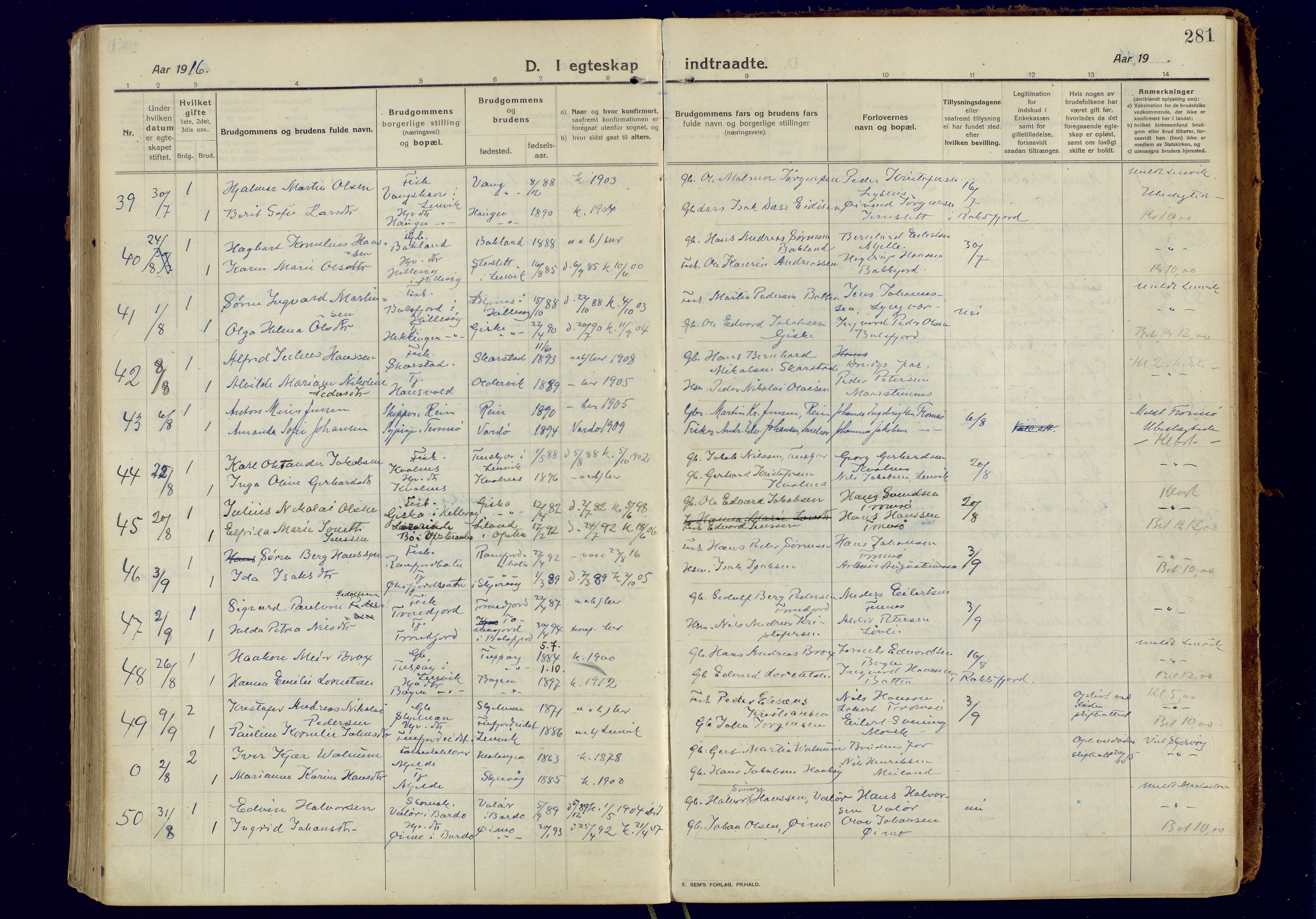 Tromsøysund sokneprestkontor, AV/SATØ-S-1304/G/Ga/L0008kirke: Parish register (official) no. 8, 1914-1922, p. 281