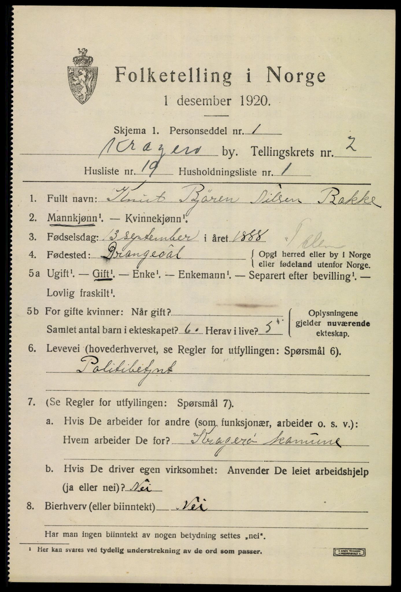 SAKO, 1920 census for Kragerø, 1920, p. 5557