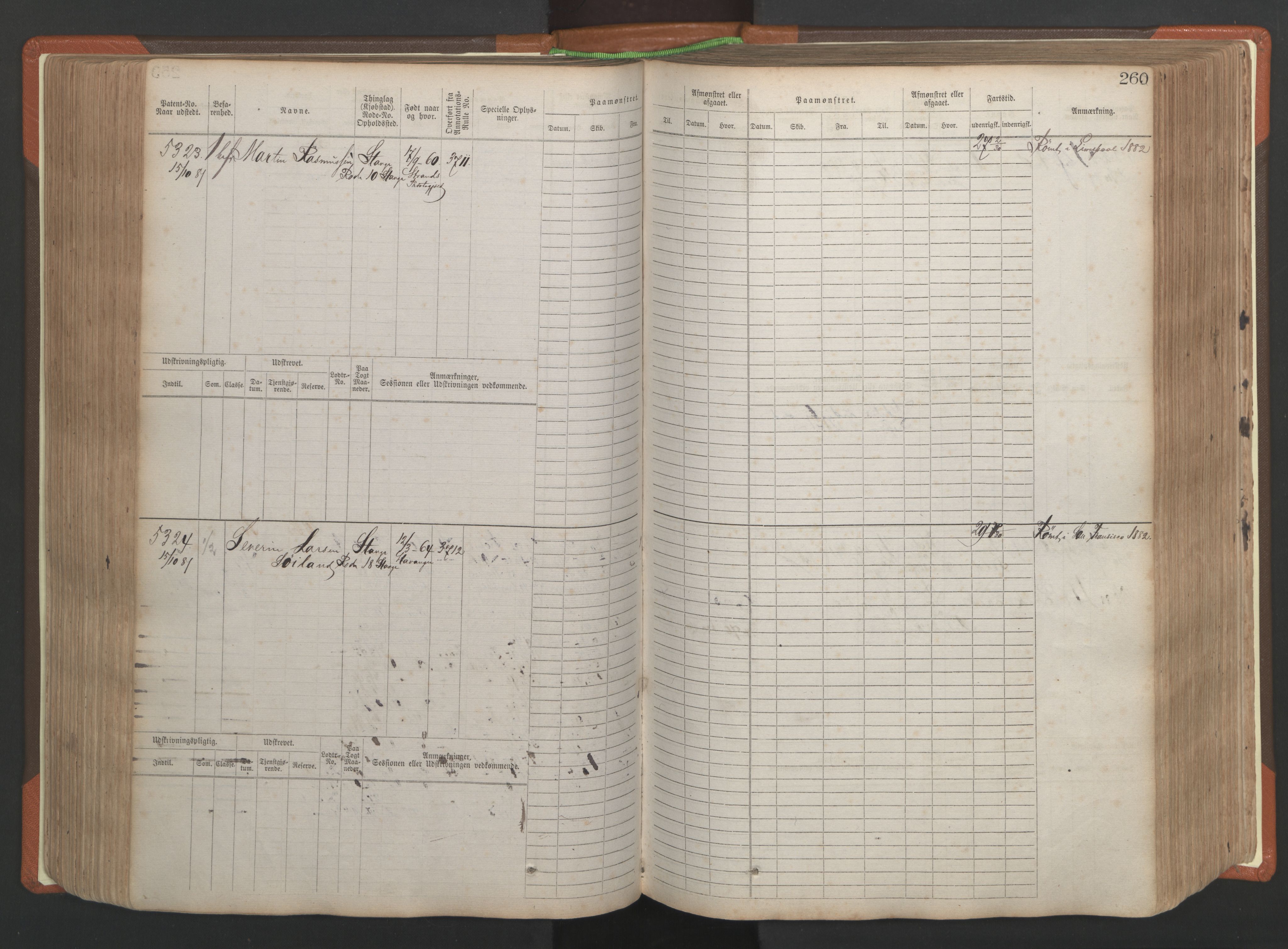 Stavanger sjømannskontor, AV/SAST-A-102006/F/Fb/Fbb/L0009: Sjøfartshovedrulle, patentnr. 4805-6006, 1879-1887, p. 266