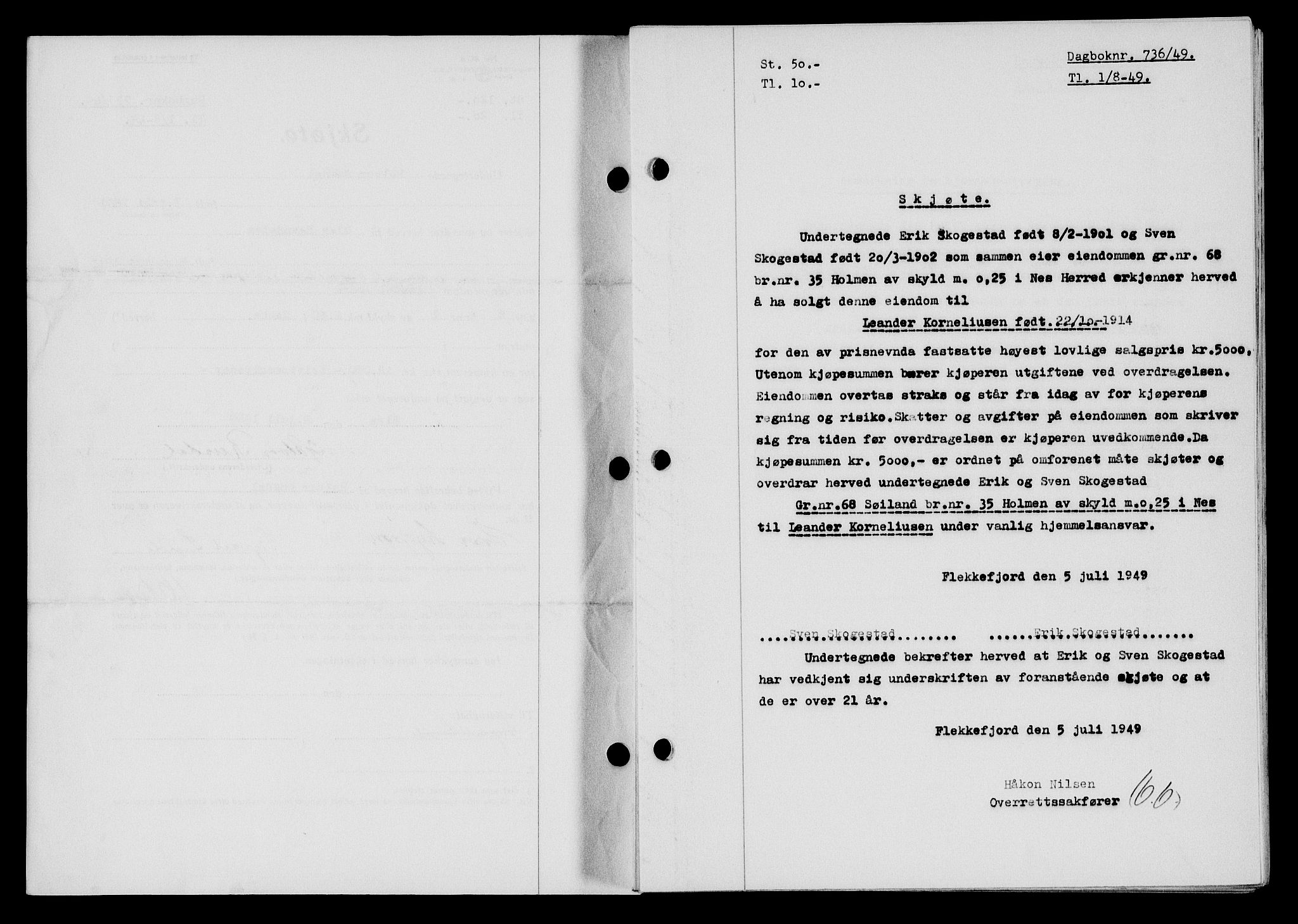 Flekkefjord sorenskriveri, SAK/1221-0001/G/Gb/Gba/L0065: Mortgage book no. A-13, 1949-1949, Diary no: : 736/1949