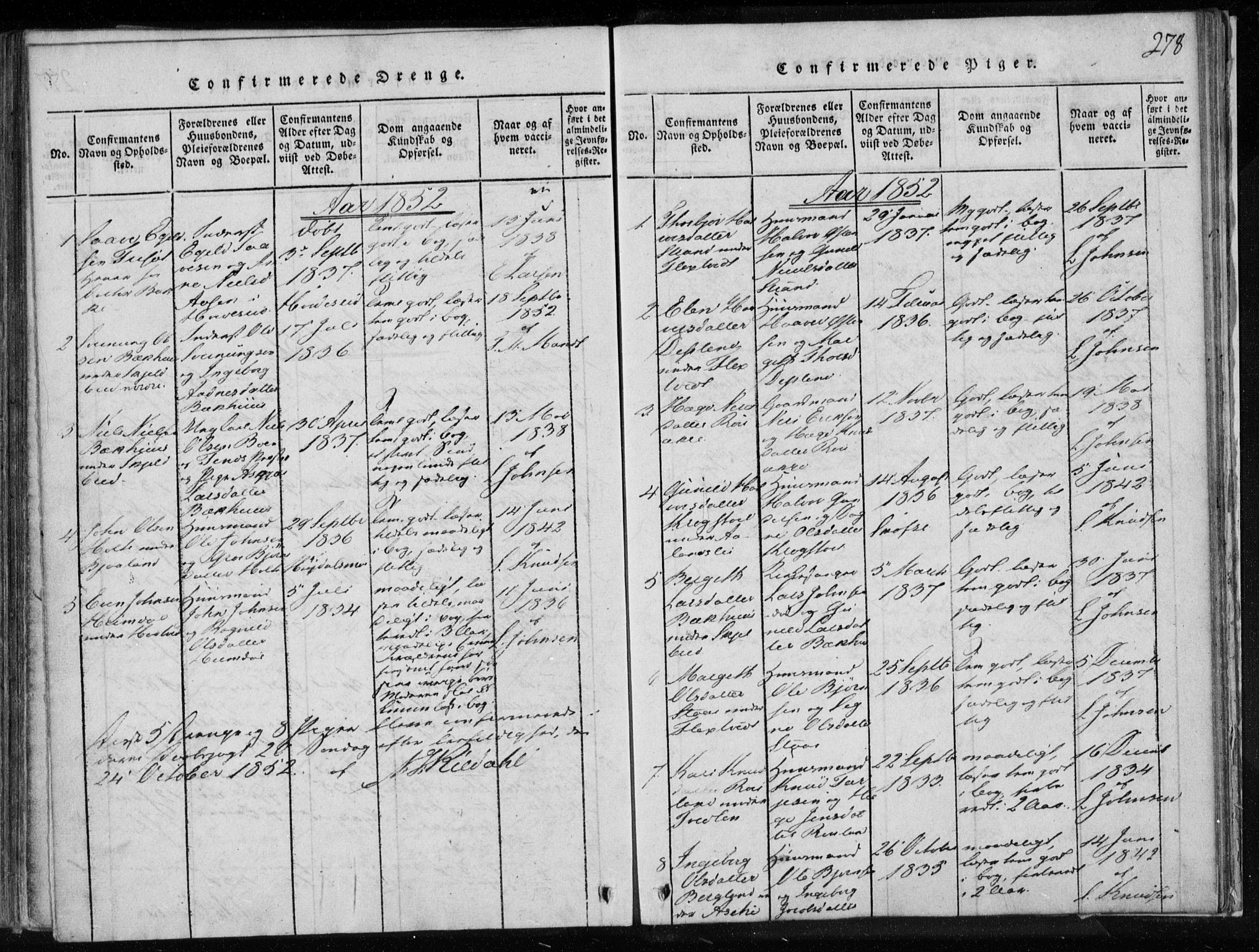 Lårdal kirkebøker, SAKO/A-284/F/Fa/L0005: Parish register (official) no. I 5, 1815-1860, p. 278