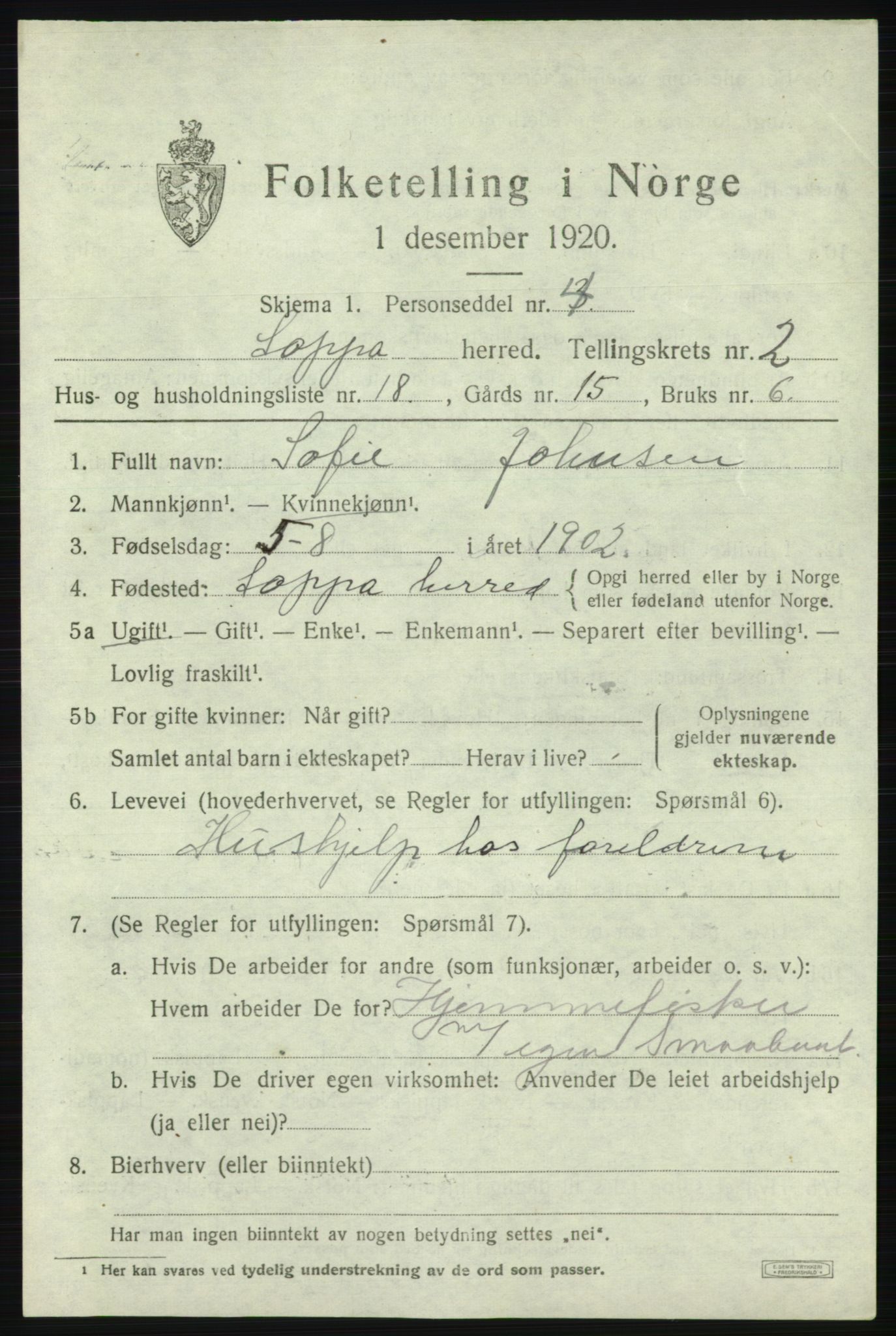 SATØ, 1920 census for Loppa, 1920, p. 996