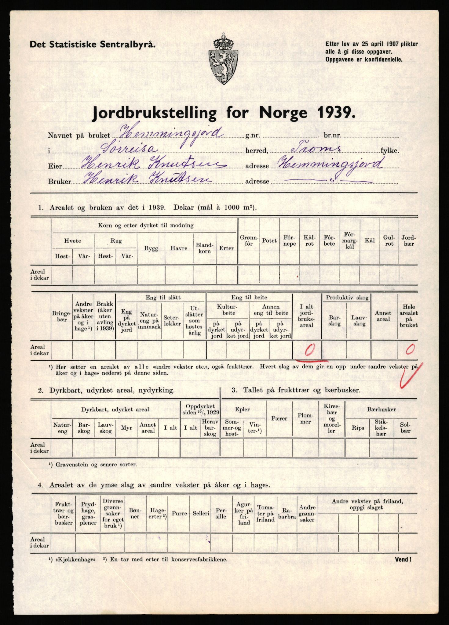 Statistisk sentralbyrå, Næringsøkonomiske emner, Jordbruk, skogbruk, jakt, fiske og fangst, AV/RA-S-2234/G/Gb/L0341: Troms: Sørreisa og Tranøy, 1939, p. 25