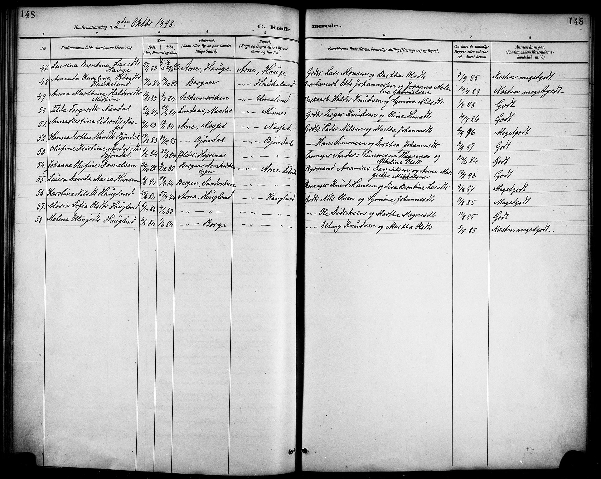 Haus sokneprestembete, AV/SAB-A-75601/H/Haa/Haad/L0001: Parish register (official) no. D 1, 1887-1898, p. 148