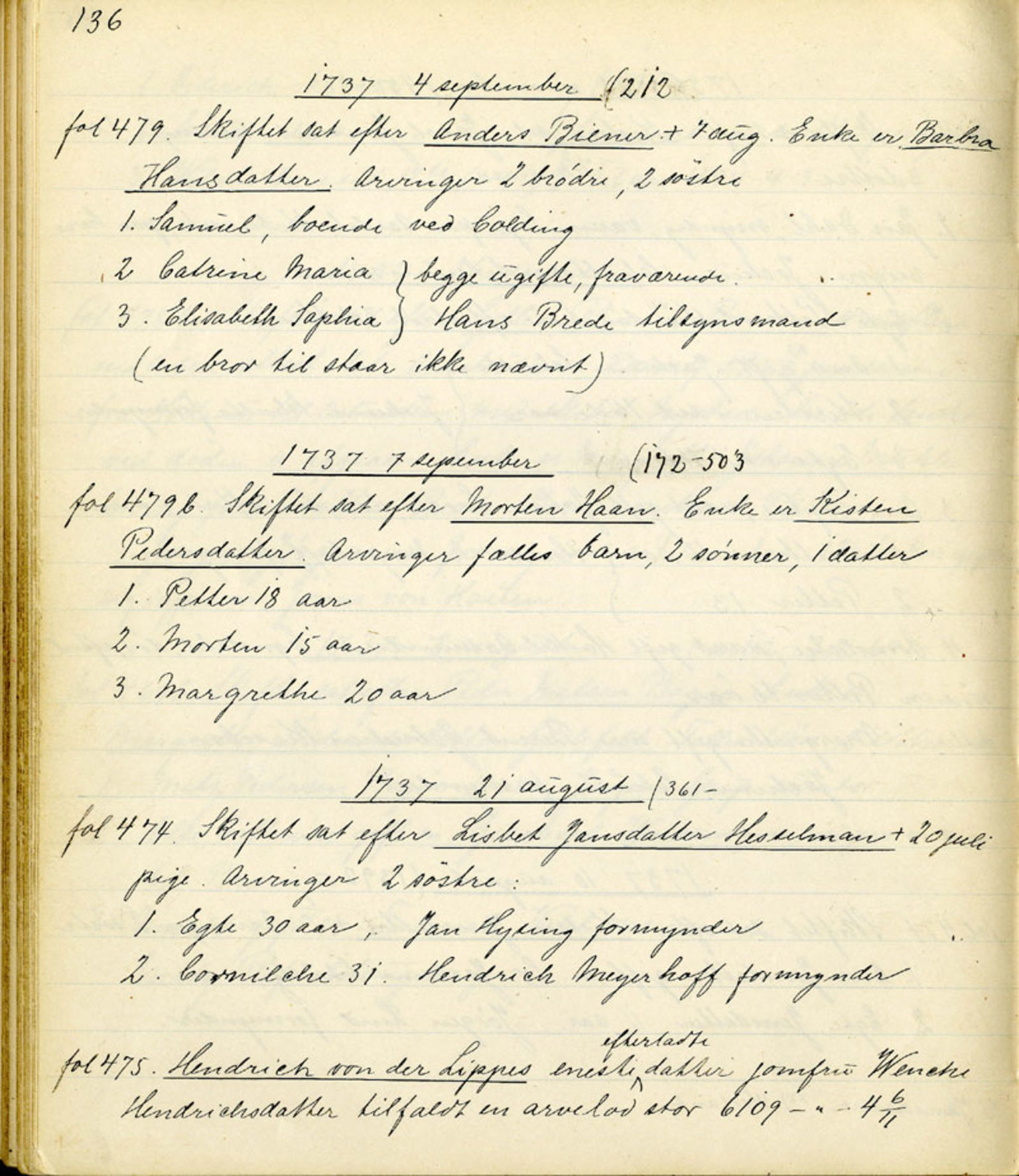 Sollied, Olaf og Thora - samlinger, AV/SAB-SAB/DA-0401/01/L0010/0001: Skifte: Utdrag av skifteprotokoller / 92 Skifteprotokoller: utdrag, 1731-1740, p. 136