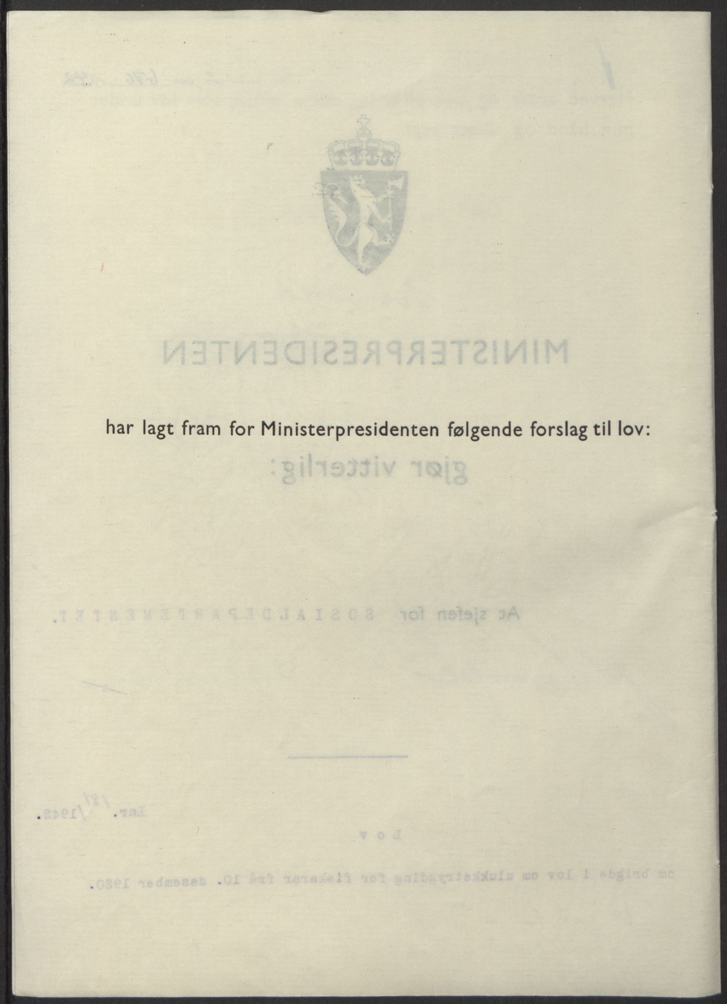 NS-administrasjonen 1940-1945 (Statsrådsekretariatet, de kommisariske statsråder mm), RA/S-4279/D/Db/L0098: Lover II, 1942, p. 324