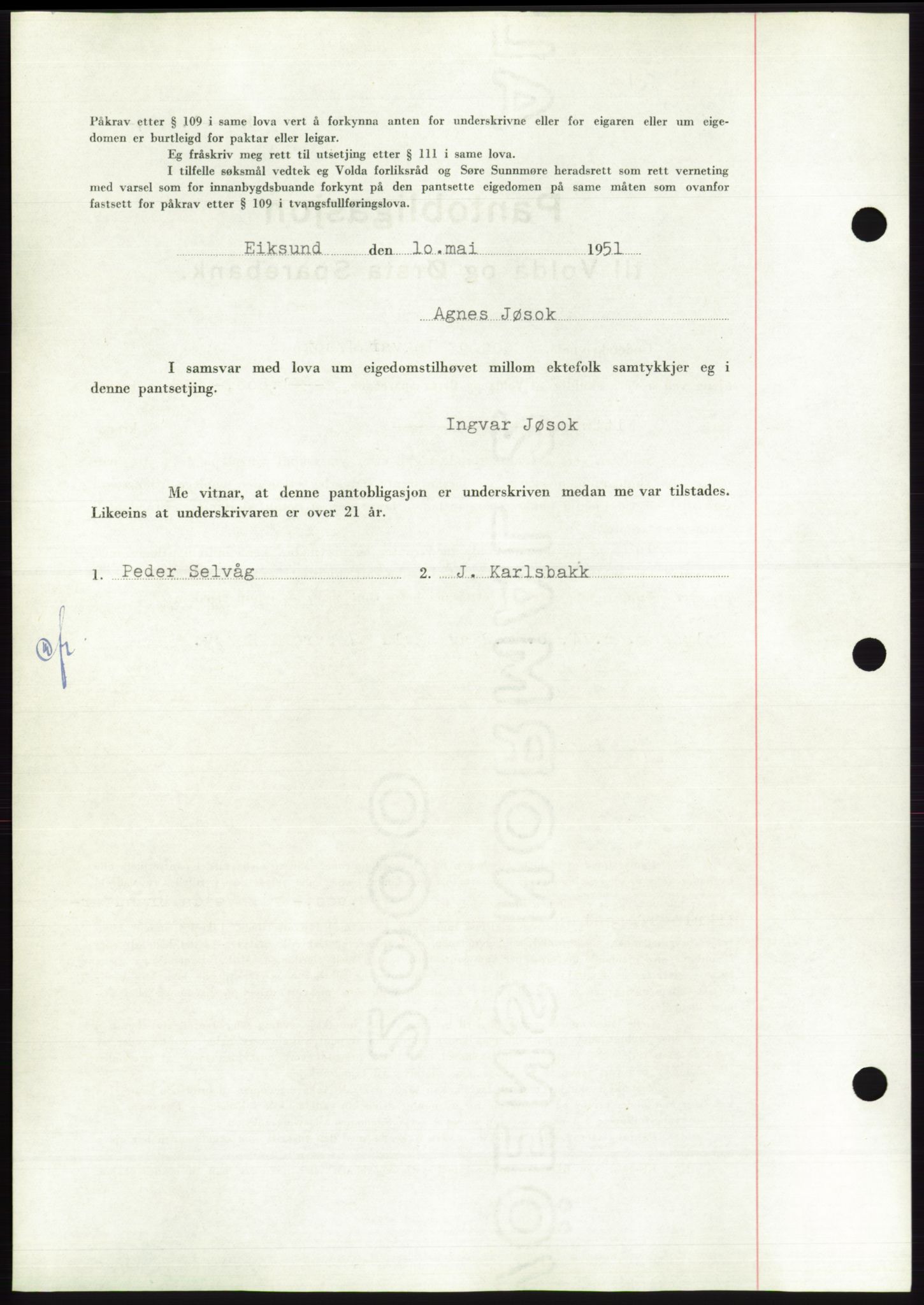 Søre Sunnmøre sorenskriveri, AV/SAT-A-4122/1/2/2C/L0120: Mortgage book no. 8B, 1951-1951, Diary no: : 796/1951