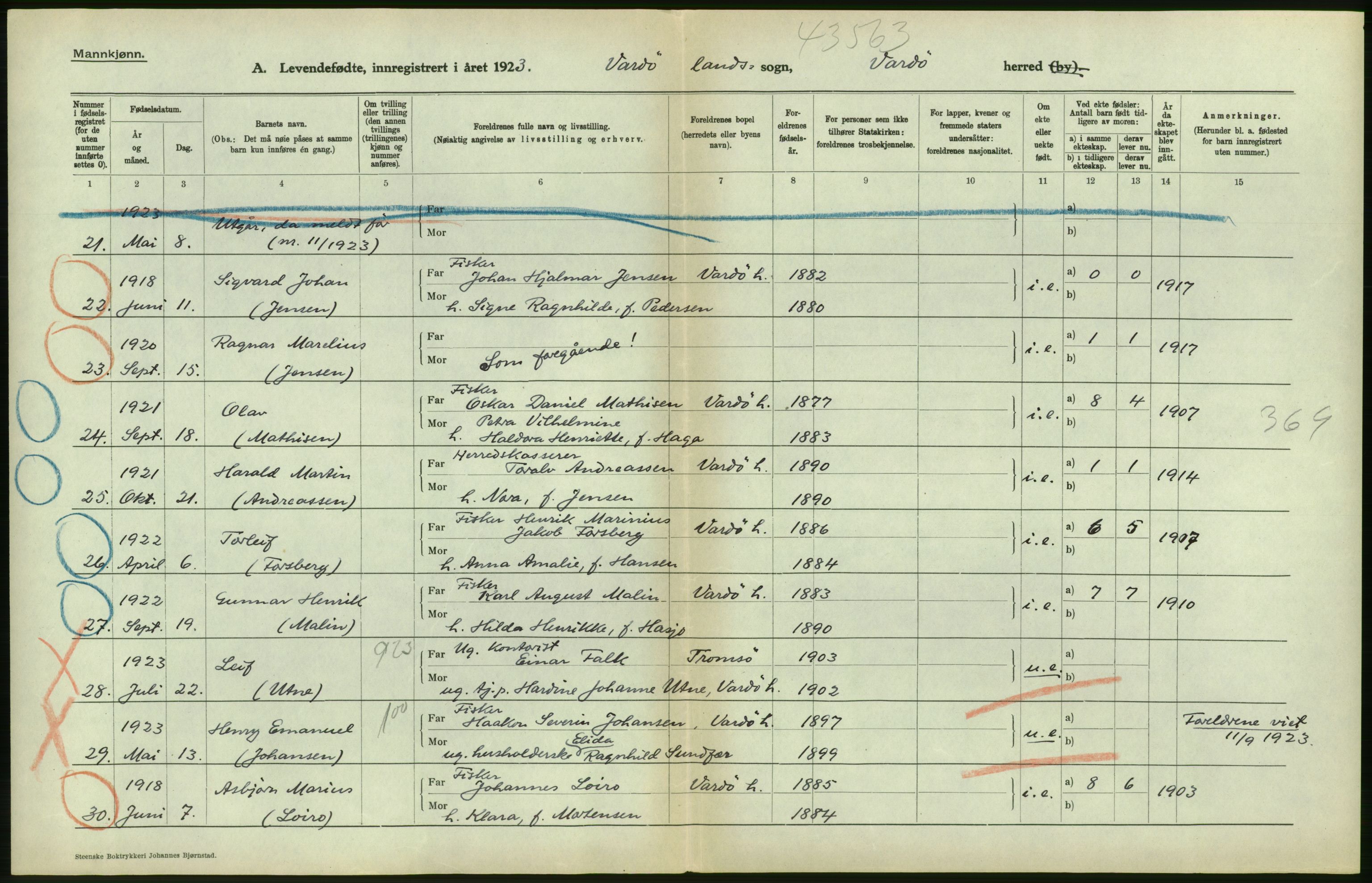 Statistisk sentralbyrå, Sosiodemografiske emner, Befolkning, AV/RA-S-2228/D/Df/Dfc/Dfcc/L0046: Finnmark fylke: Levendefødte menn og kvinner, gifte, døde, dødfødte. Bygder og byer., 1923, p. 210