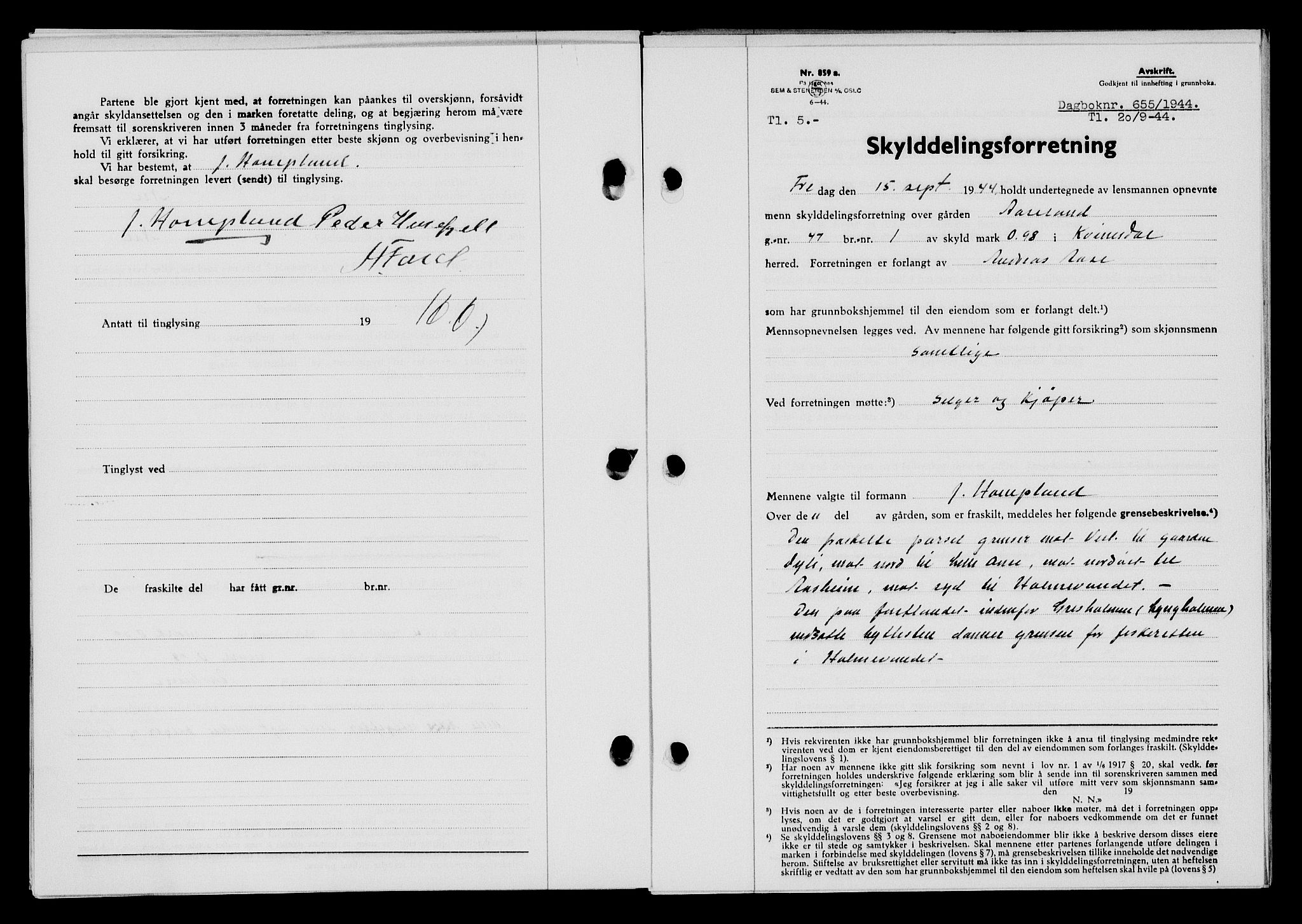 Flekkefjord sorenskriveri, SAK/1221-0001/G/Gb/Gba/L0059: Mortgage book no. A-7, 1944-1945, Diary no: : 655/1944