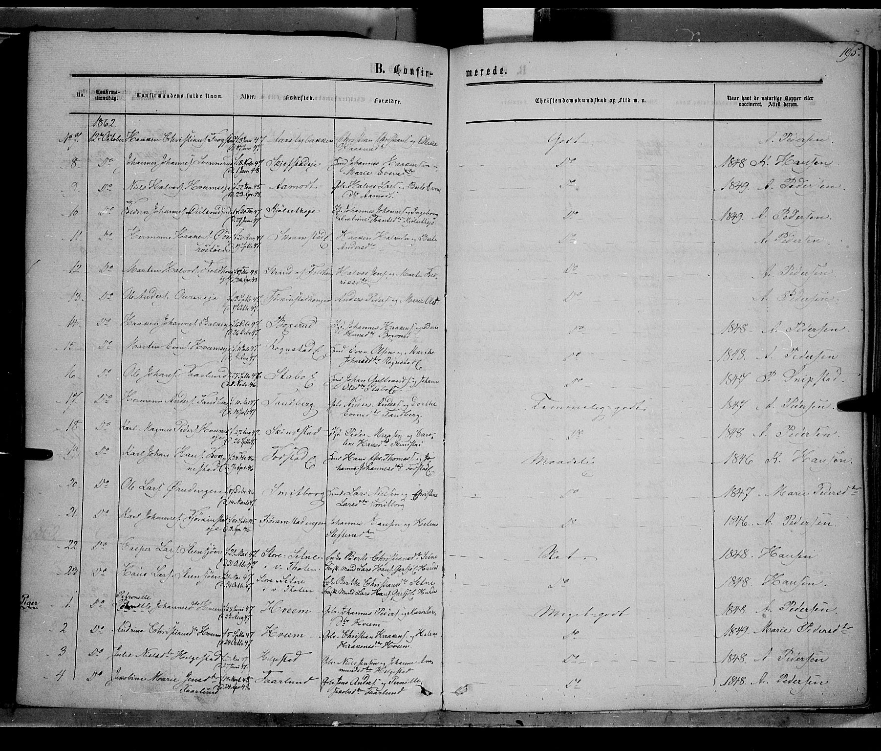 Østre Toten prestekontor, AV/SAH-PREST-104/H/Ha/Haa/L0004: Parish register (official) no. 4, 1857-1865, p. 195