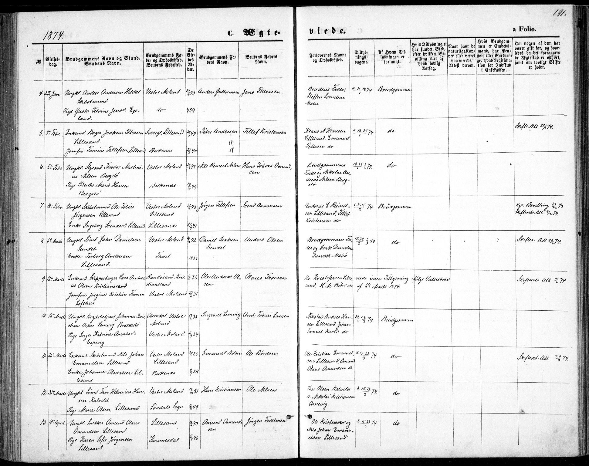 Vestre Moland sokneprestkontor, AV/SAK-1111-0046/F/Fb/Fbb/L0005: Parish register (copy) no. B 5, 1872-1883, p. 191