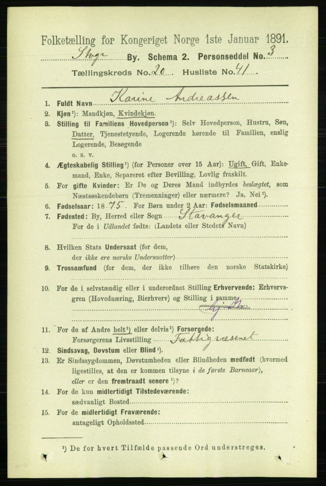 RA, 1891 census for 1103 Stavanger, 1891, p. 23398