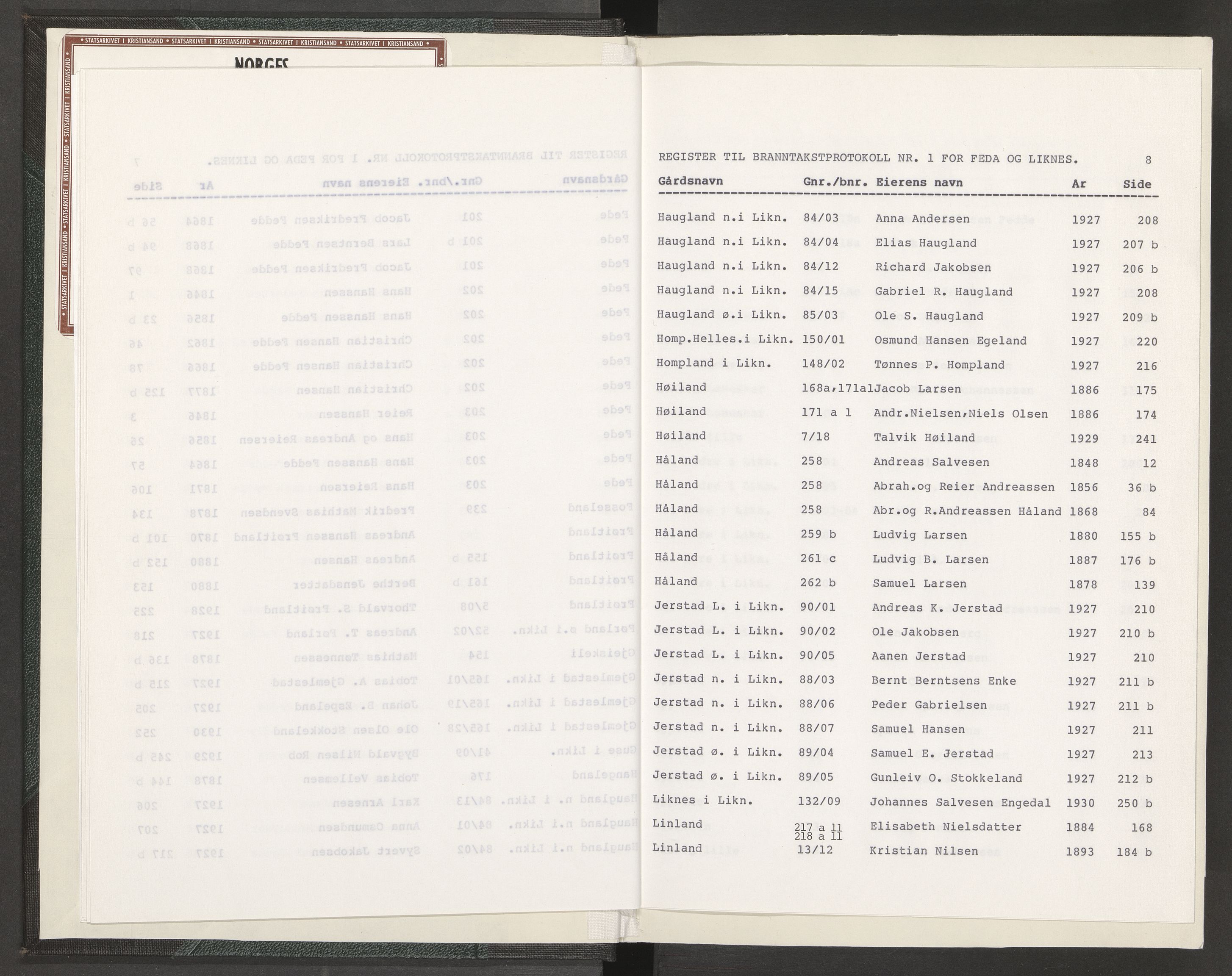 Norges Brannkasse Feda, AV/SAK-2241-0012/F/Fa/L0001: Branntakstprotokoll nr. 1 med gårdsnavnregister, 1846-1931