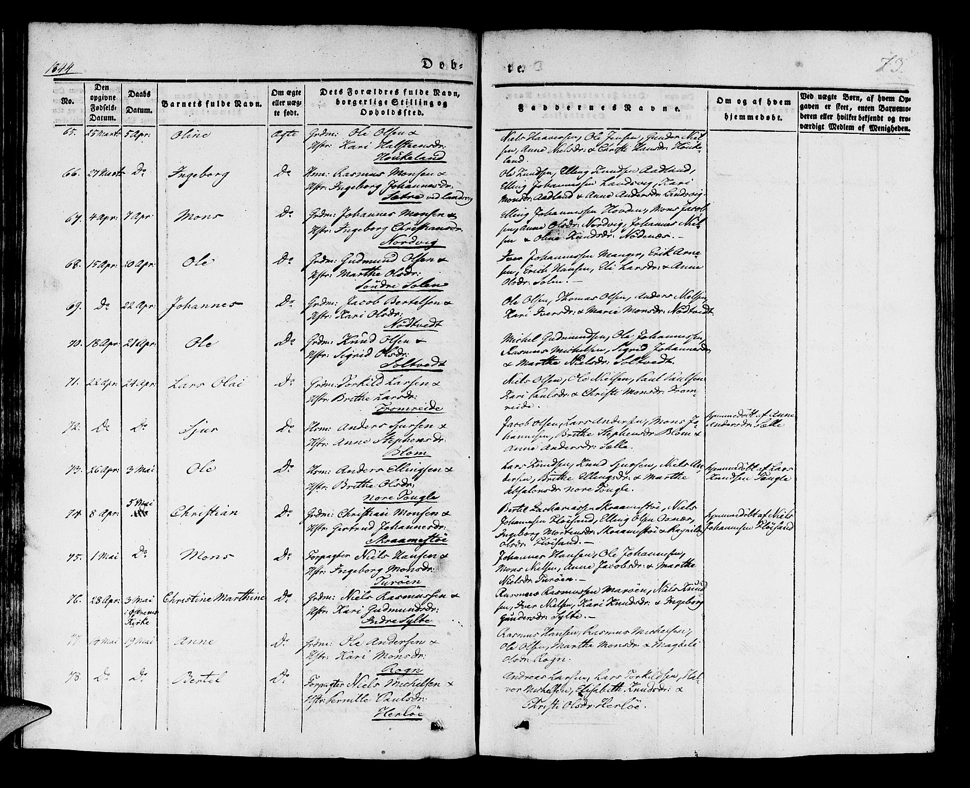 Manger sokneprestembete, SAB/A-76801/H/Haa: Parish register (official) no. A 5, 1839-1848, p. 73
