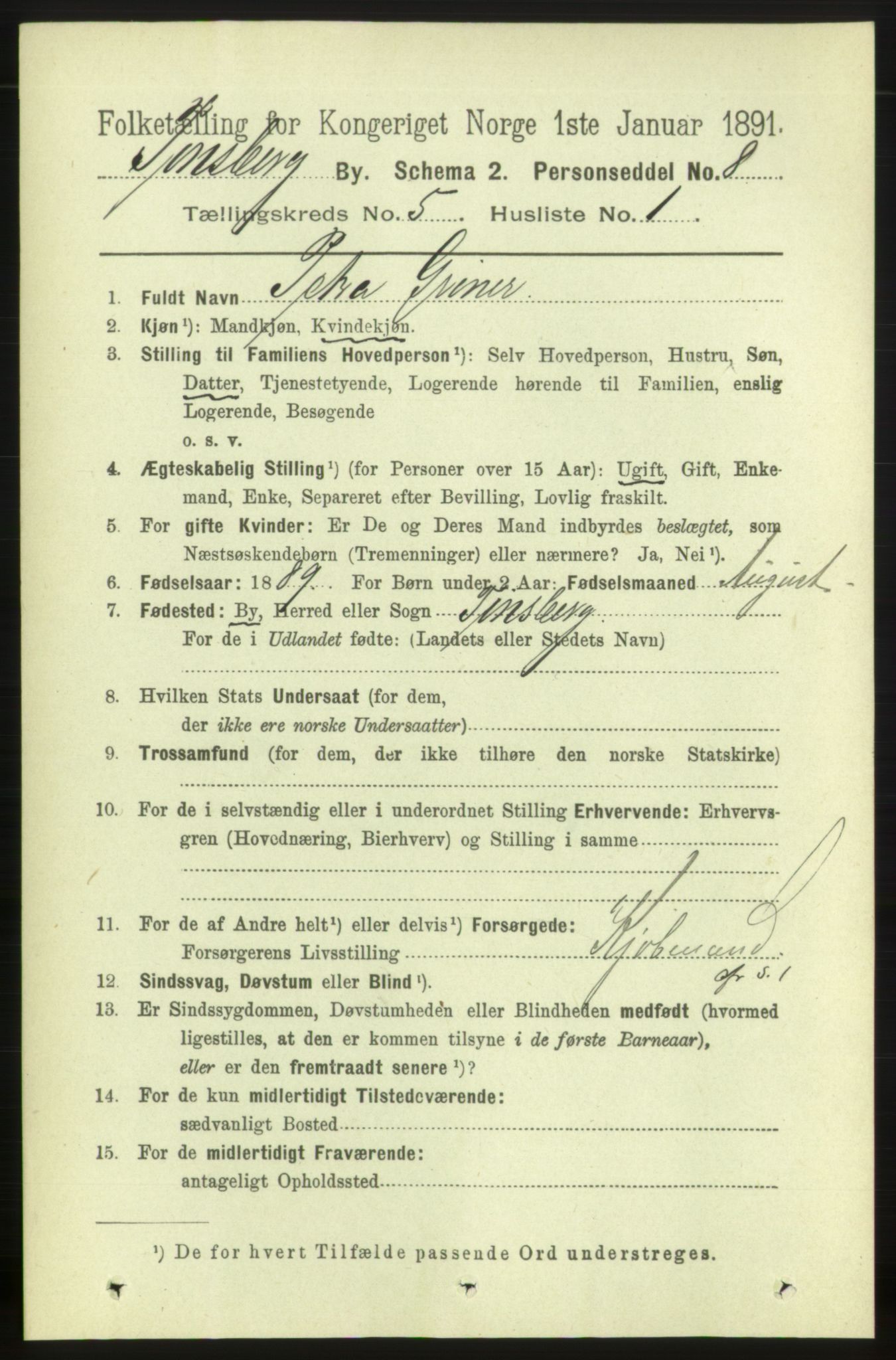 RA, 1891 census for 0705 Tønsberg, 1891, p. 2207