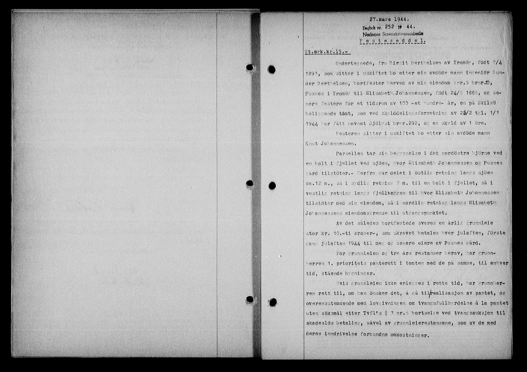 Nedenes sorenskriveri, SAK/1221-0006/G/Gb/Gba/L0051: Mortgage book no. A-V, 1943-1944, Diary no: : 252/1944