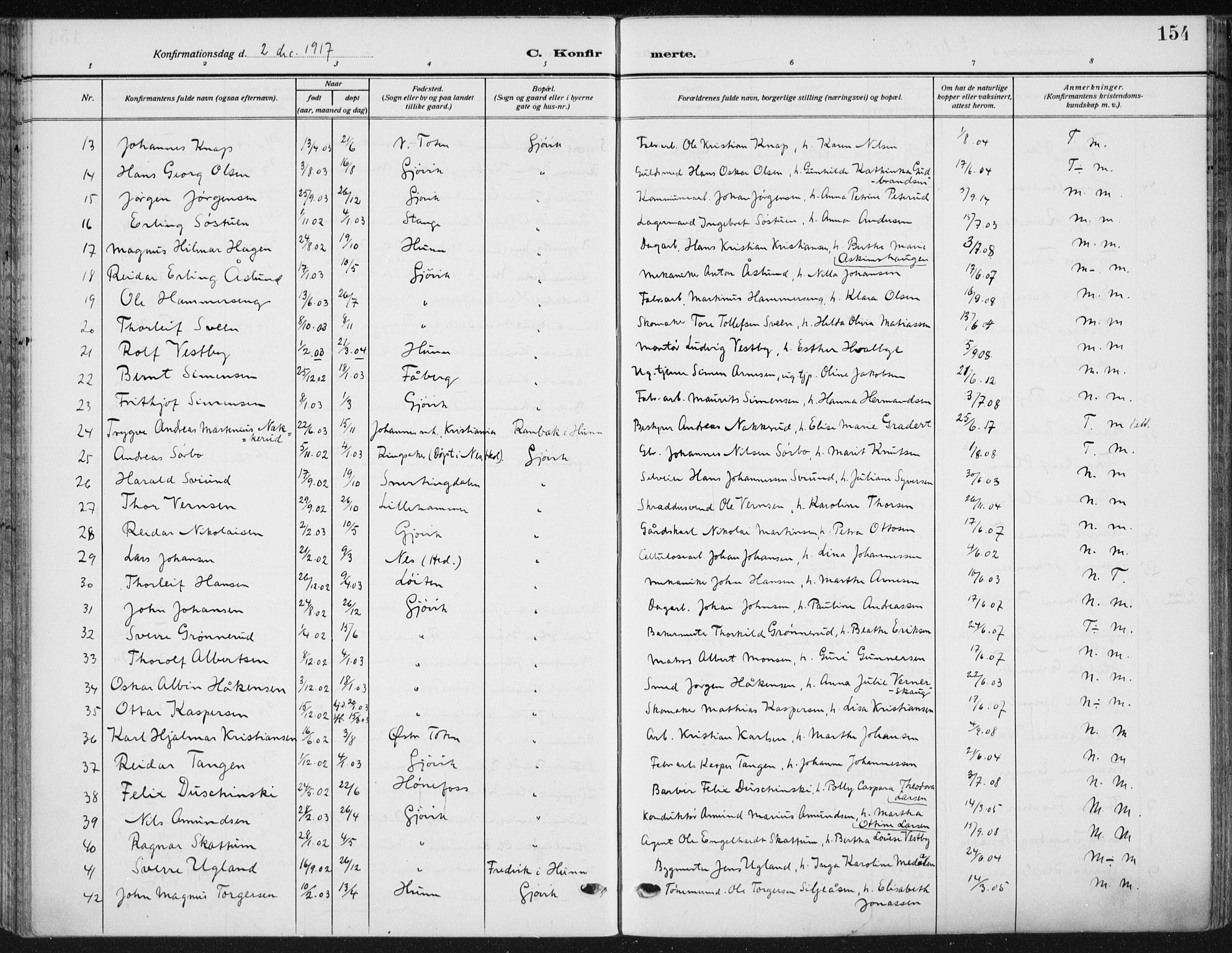 Vardal prestekontor, SAH/PREST-100/H/Ha/Haa/L0014: Parish register (official) no. 14, 1912-1922, p. 154