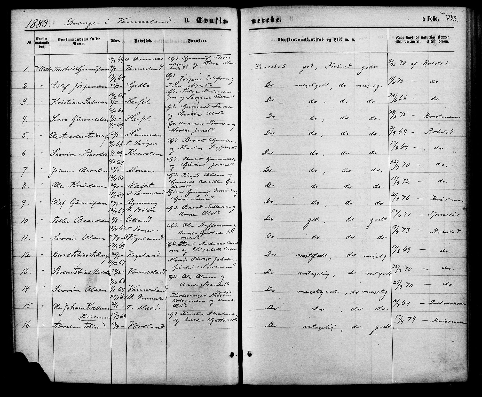 Vennesla sokneprestkontor, SAK/1111-0045/Fa/Fac/L0008: Parish register (official) no. A 8, 1874-1883, p. 173