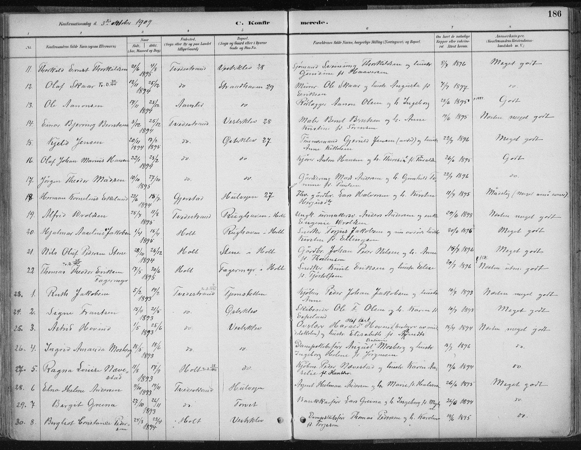 Tvedestrand sokneprestkontor, AV/SAK-1111-0042/F/Fa/L0001: Parish register (official) no. A 1, 1885-1916, p. 186