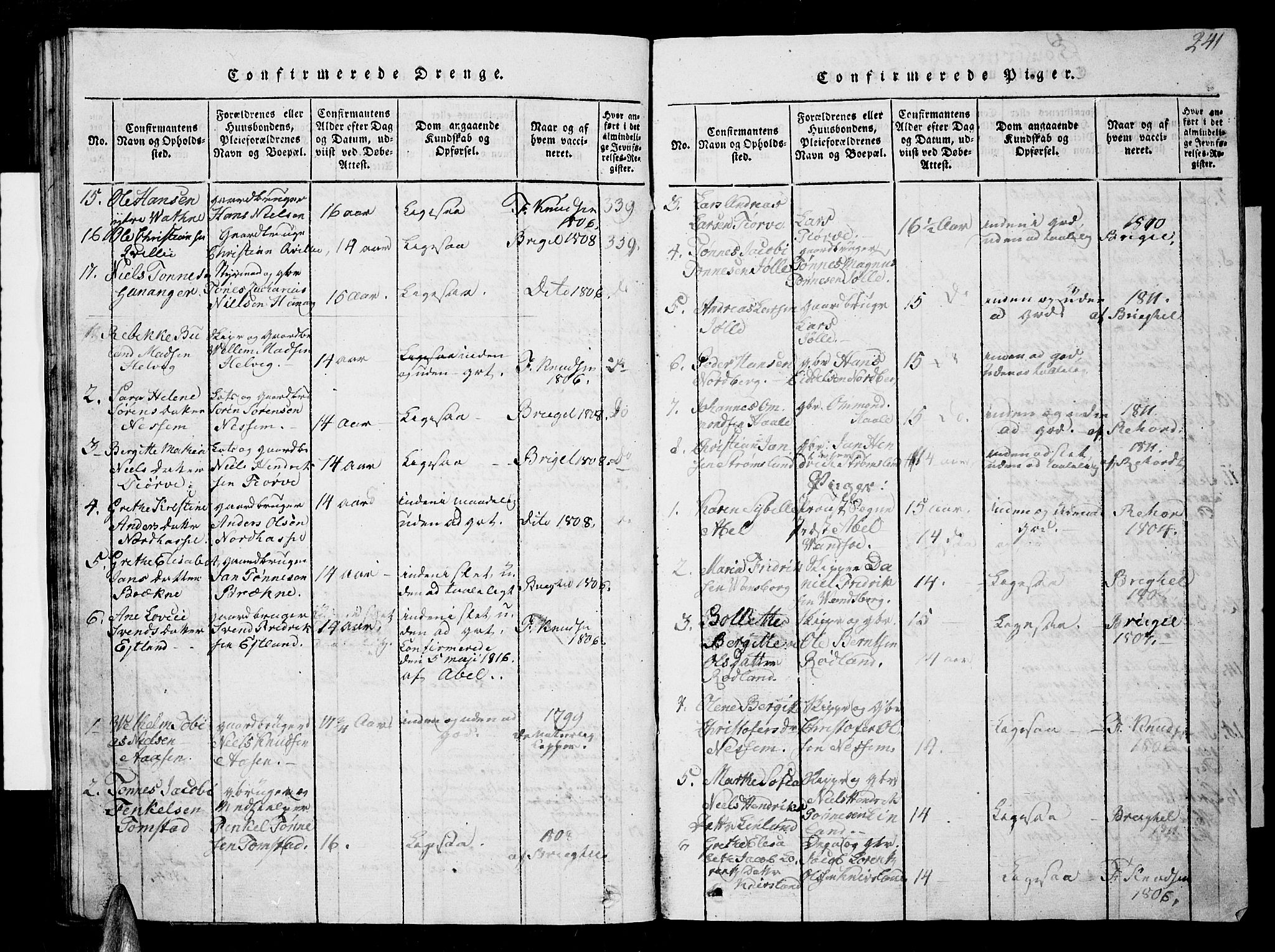 Lista sokneprestkontor, AV/SAK-1111-0027/F/Fb/L0001: Parish register (copy) no. B 1, 1816-1832, p. 241