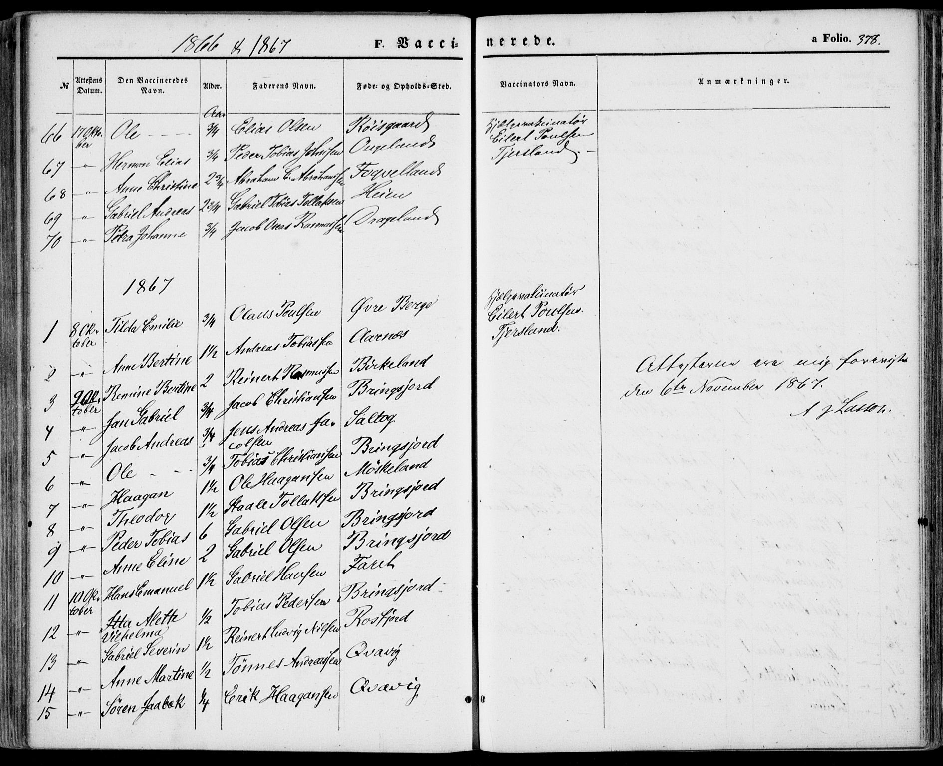 Lyngdal sokneprestkontor, SAK/1111-0029/F/Fa/Fac/L0010: Parish register (official) no. A 10, 1865-1878, p. 378