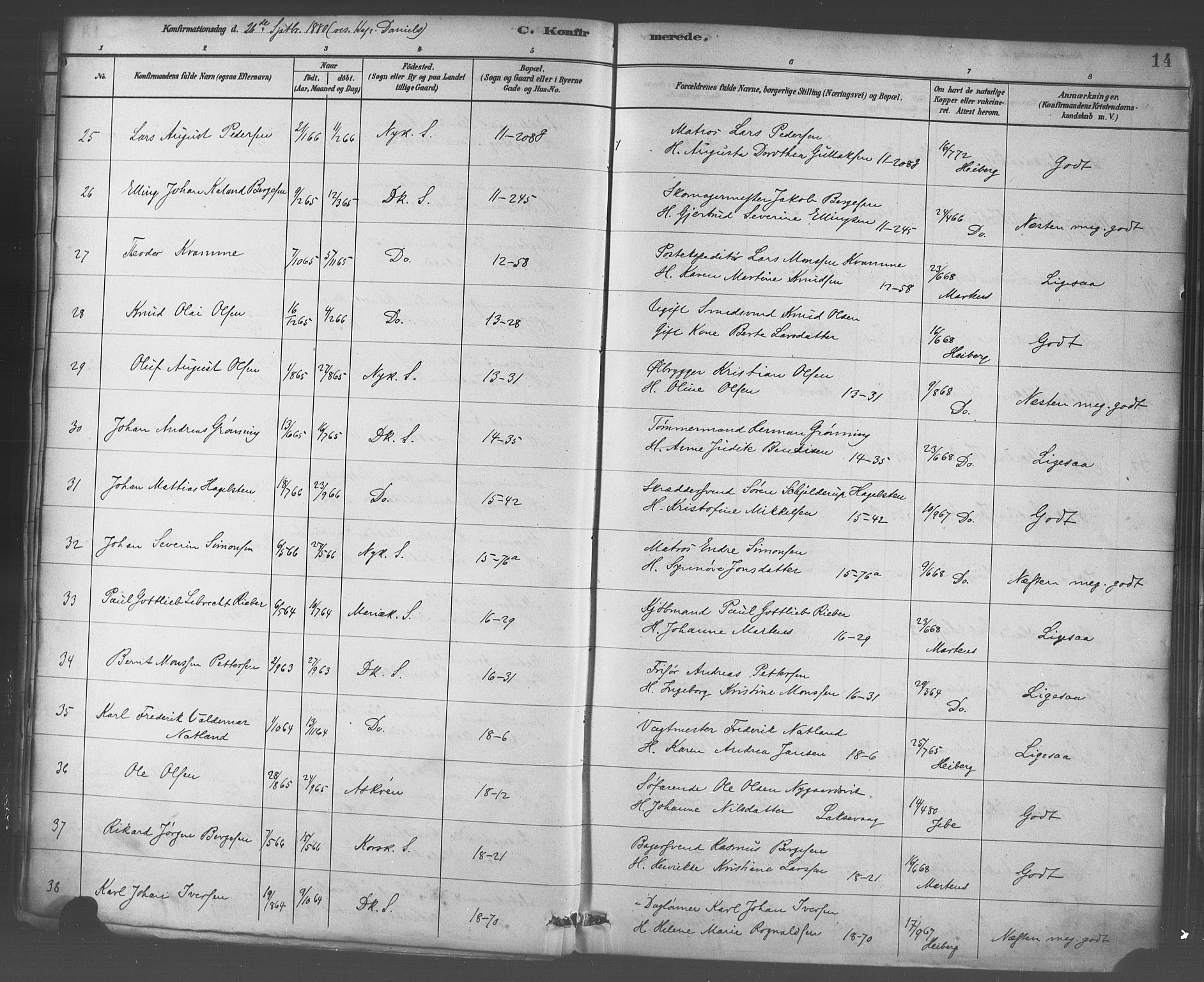 Domkirken sokneprestembete, SAB/A-74801/H/Haa/L0030: Parish register (official) no. C 5, 1880-1898, p. 14