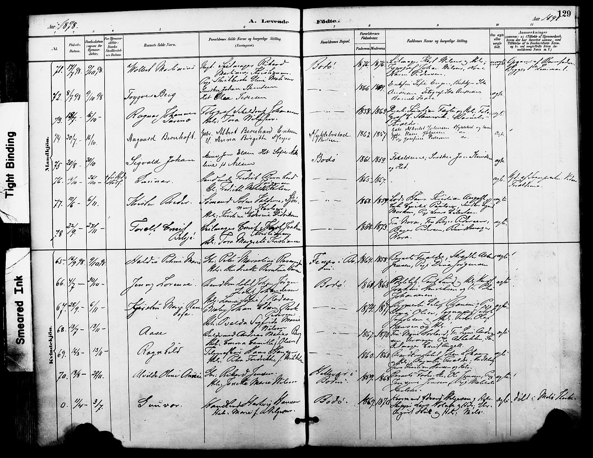 Ministerialprotokoller, klokkerbøker og fødselsregistre - Nordland, SAT/A-1459/801/L0010: Parish register (official) no. 801A10, 1888-1899, p. 129