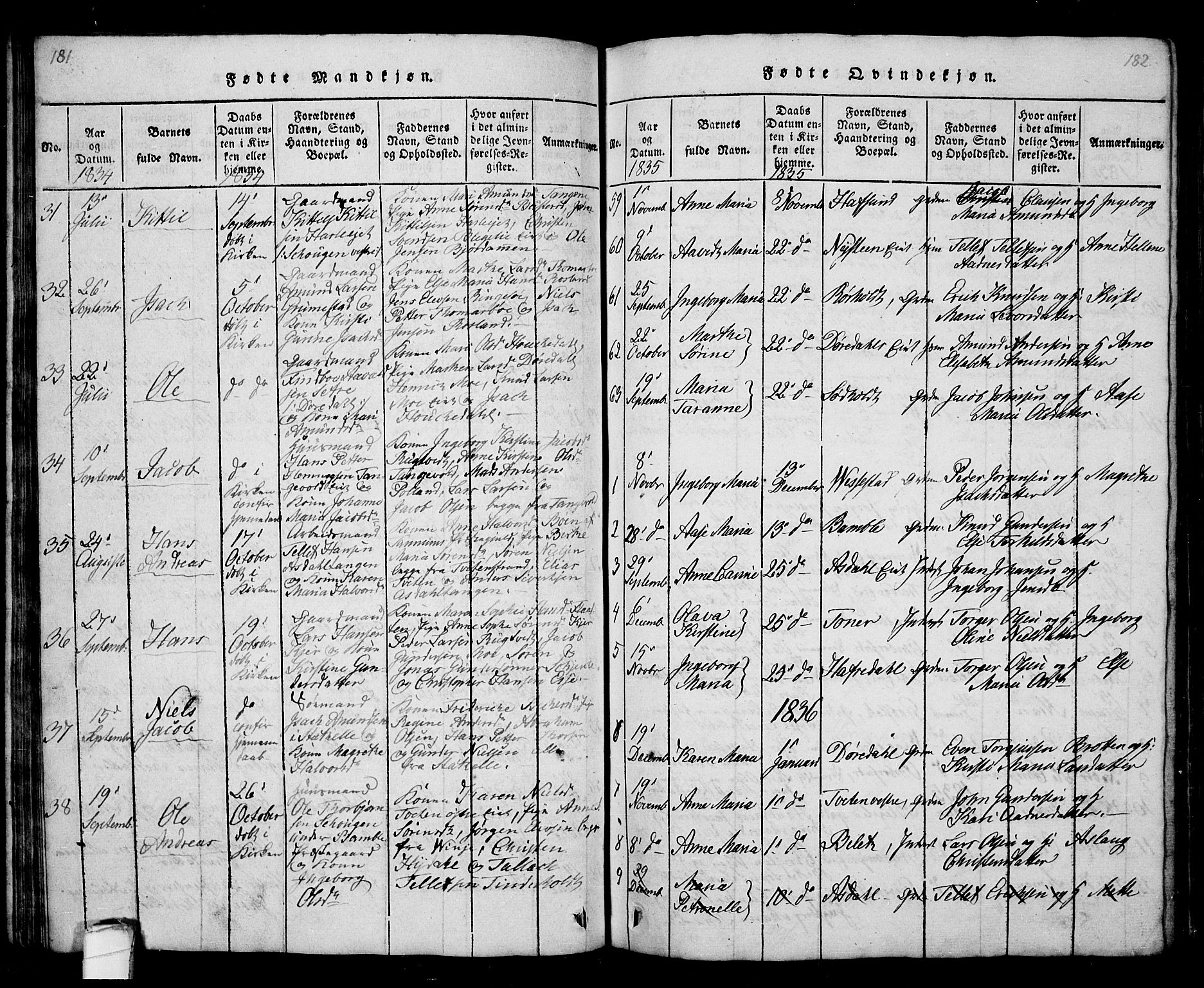 Bamble kirkebøker, AV/SAKO-A-253/G/Ga/L0005: Parish register (copy) no. I 5, 1814-1855, p. 181-182