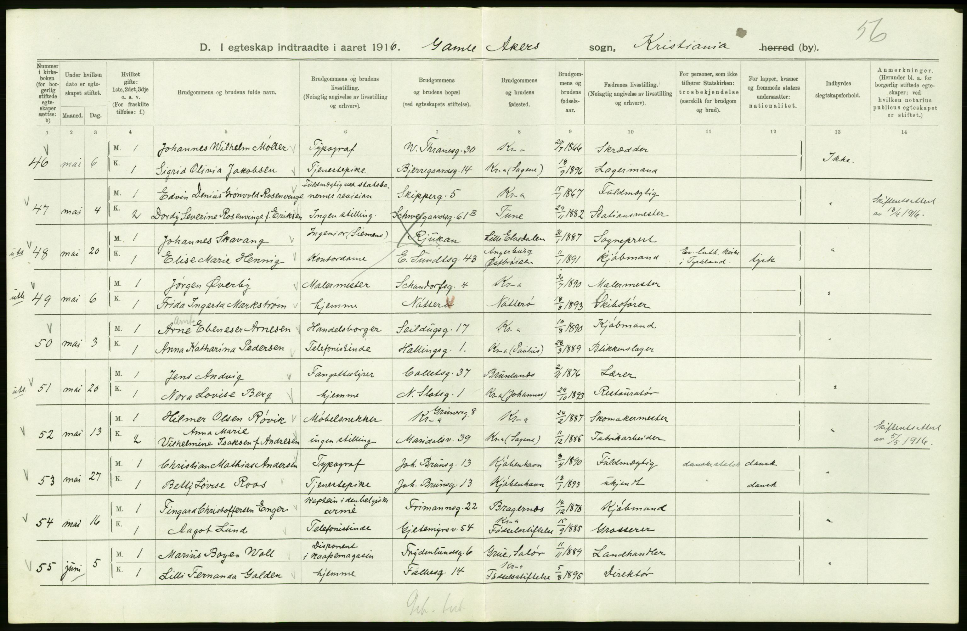 Statistisk sentralbyrå, Sosiodemografiske emner, Befolkning, RA/S-2228/D/Df/Dfb/Dfbf/L0008: Kristiania: Gifte, 1916, p. 142