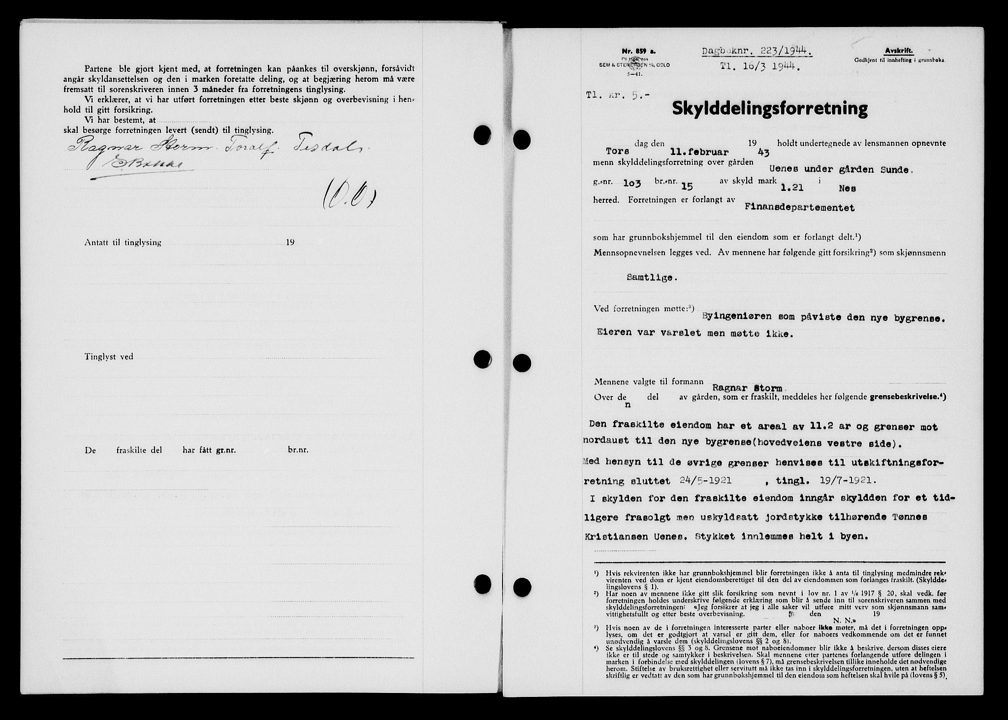 Flekkefjord sorenskriveri, SAK/1221-0001/G/Gb/Gba/L0059: Mortgage book no. A-7, 1944-1945, Diary no: : 223/1944