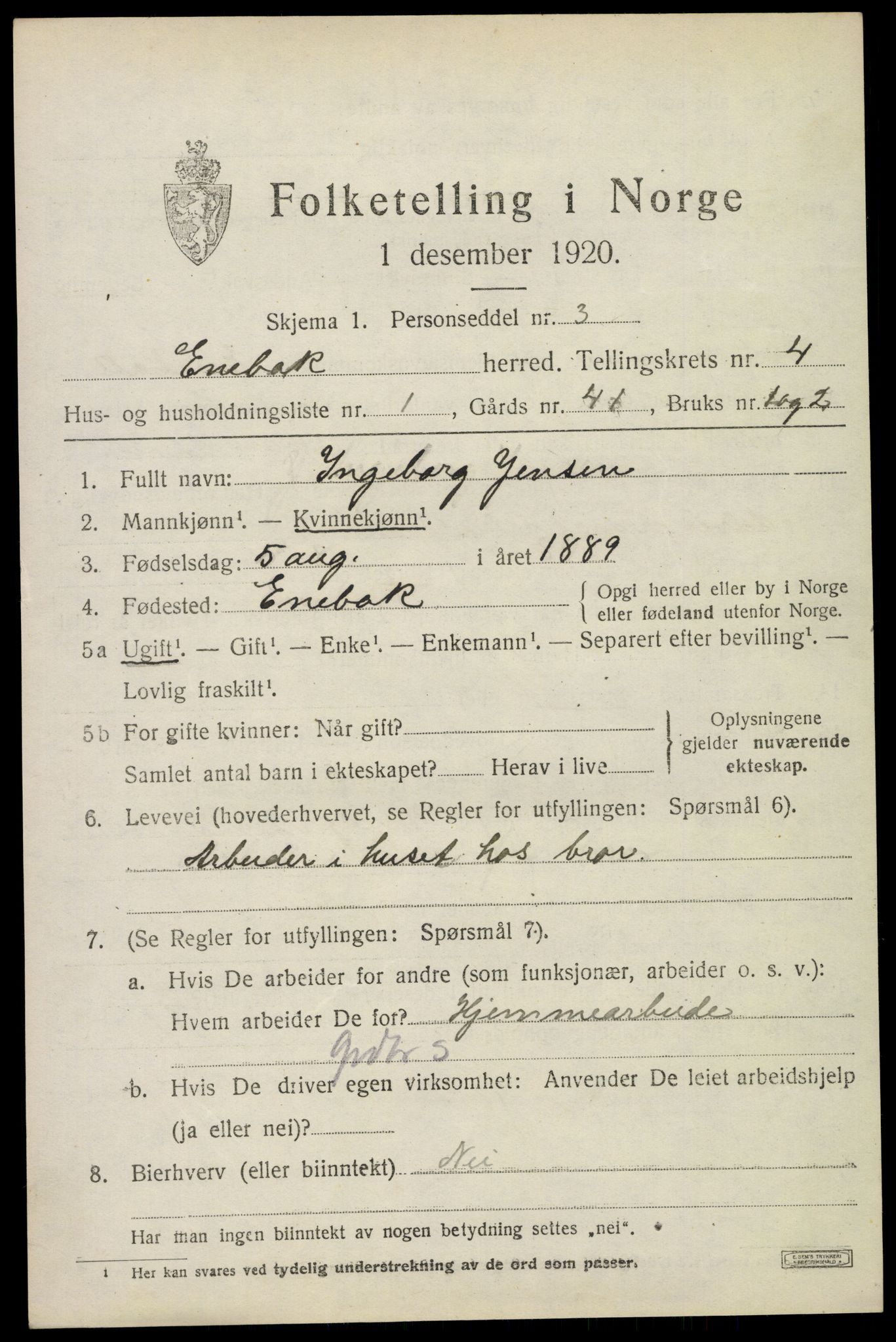 SAO, 1920 census for Enebakk, 1920, p. 3421