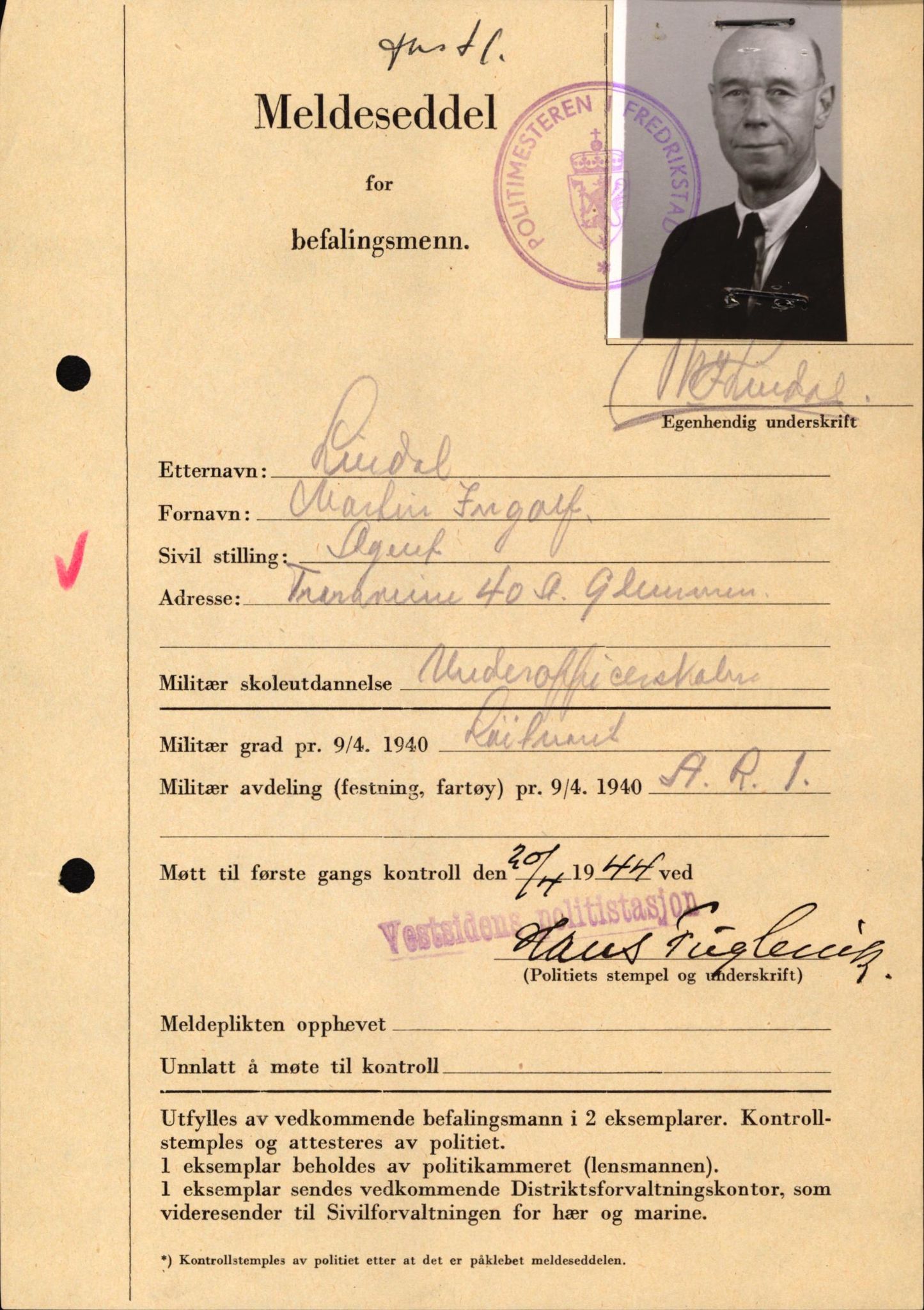 Forsvaret, Forsvarets krigshistoriske avdeling, AV/RA-RAFA-2017/Y/Yf/L0209: II-C-11-2121  -  Okkupasjonstiden.  Meldesedler for befal med foto og oppl. om militær grad 9. apr. 1940., 1944-1945, p. 91