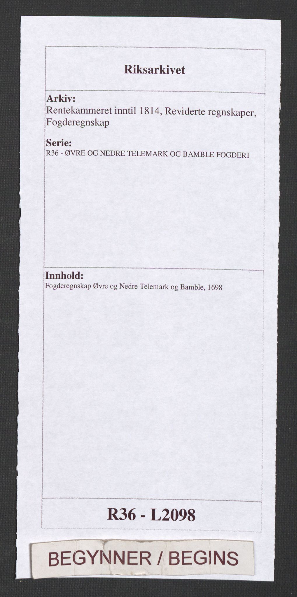 Rentekammeret inntil 1814, Reviderte regnskaper, Fogderegnskap, RA/EA-4092/R36/L2098: Fogderegnskap Øvre og Nedre Telemark og Bamble, 1698, p. 1