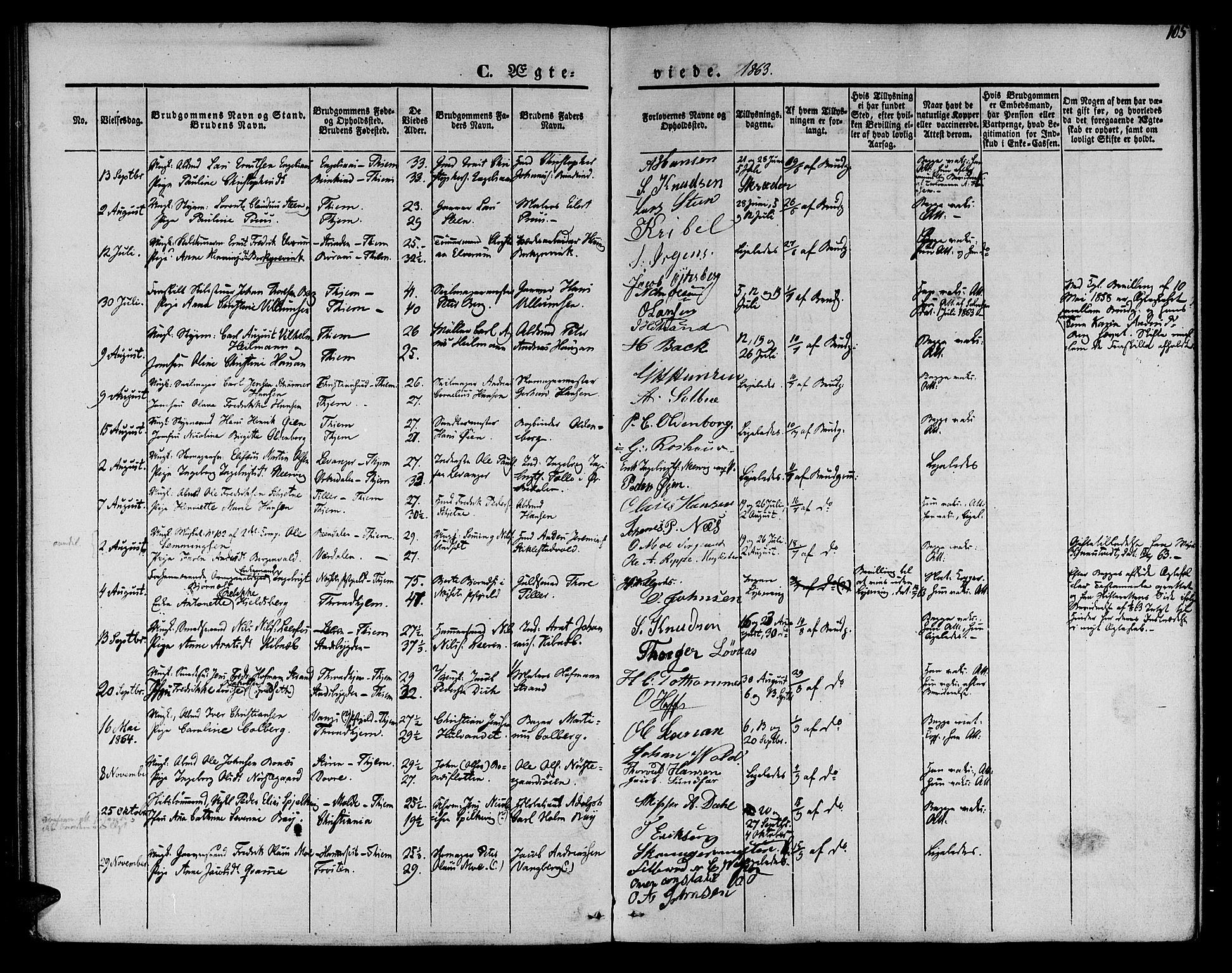 Ministerialprotokoller, klokkerbøker og fødselsregistre - Sør-Trøndelag, SAT/A-1456/602/L0111: Parish register (official) no. 602A09, 1844-1867, p. 105