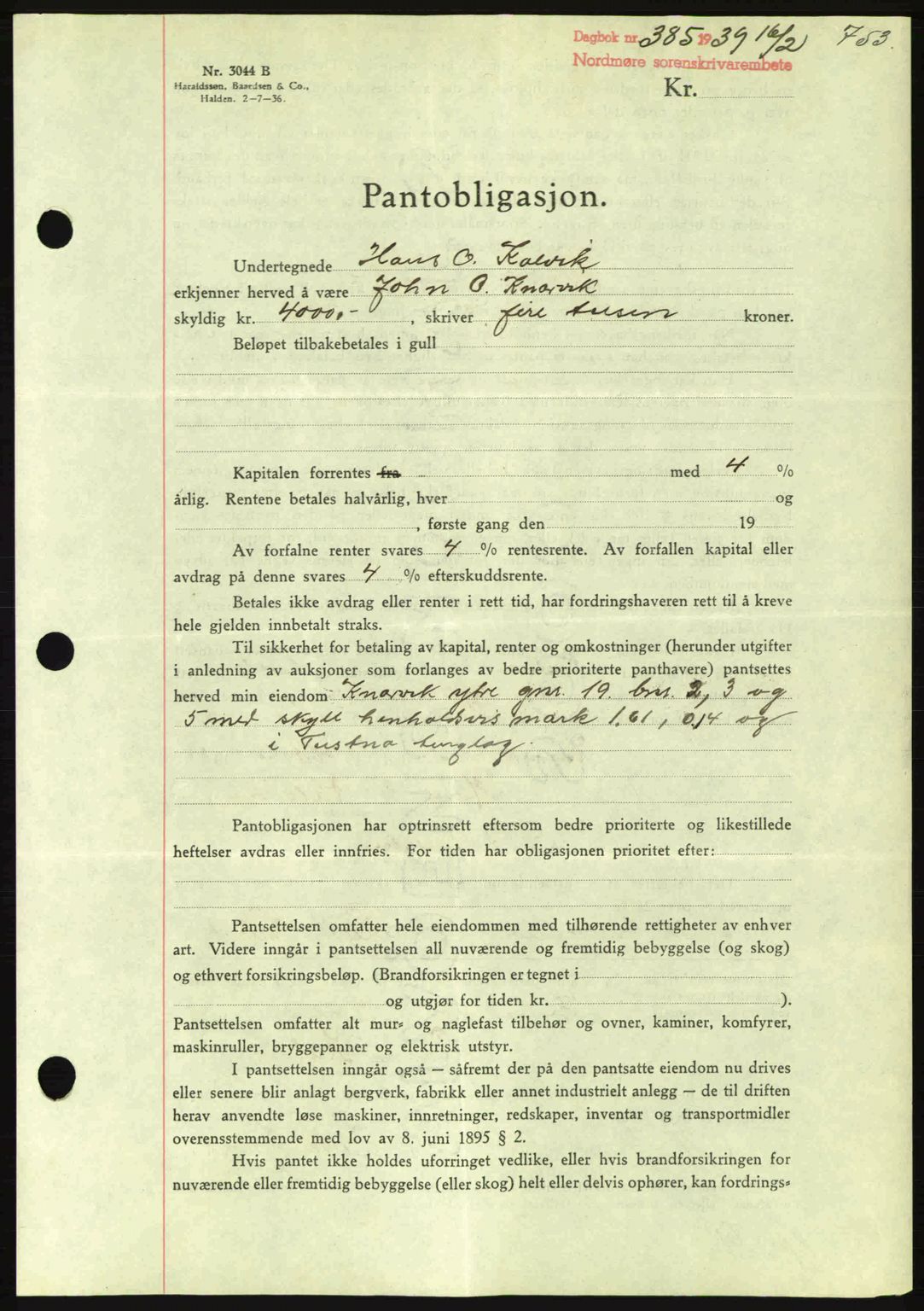 Nordmøre sorenskriveri, AV/SAT-A-4132/1/2/2Ca: Mortgage book no. B84, 1938-1939, Diary no: : 385/1939