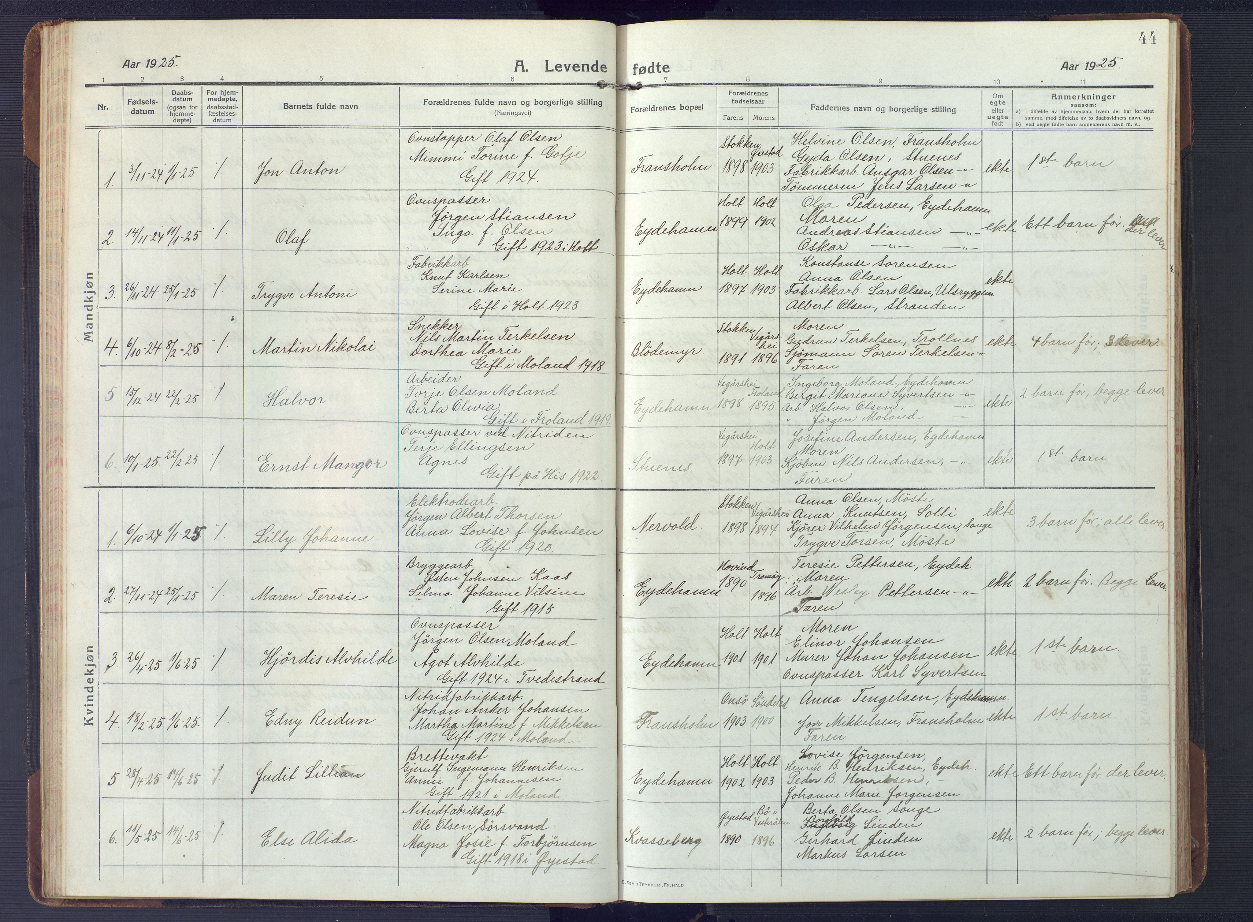 Austre Moland sokneprestkontor, SAK/1111-0001/F/Fb/Fbb/L0004: Parish register (copy) no. B 4, 1914-1929, p. 44