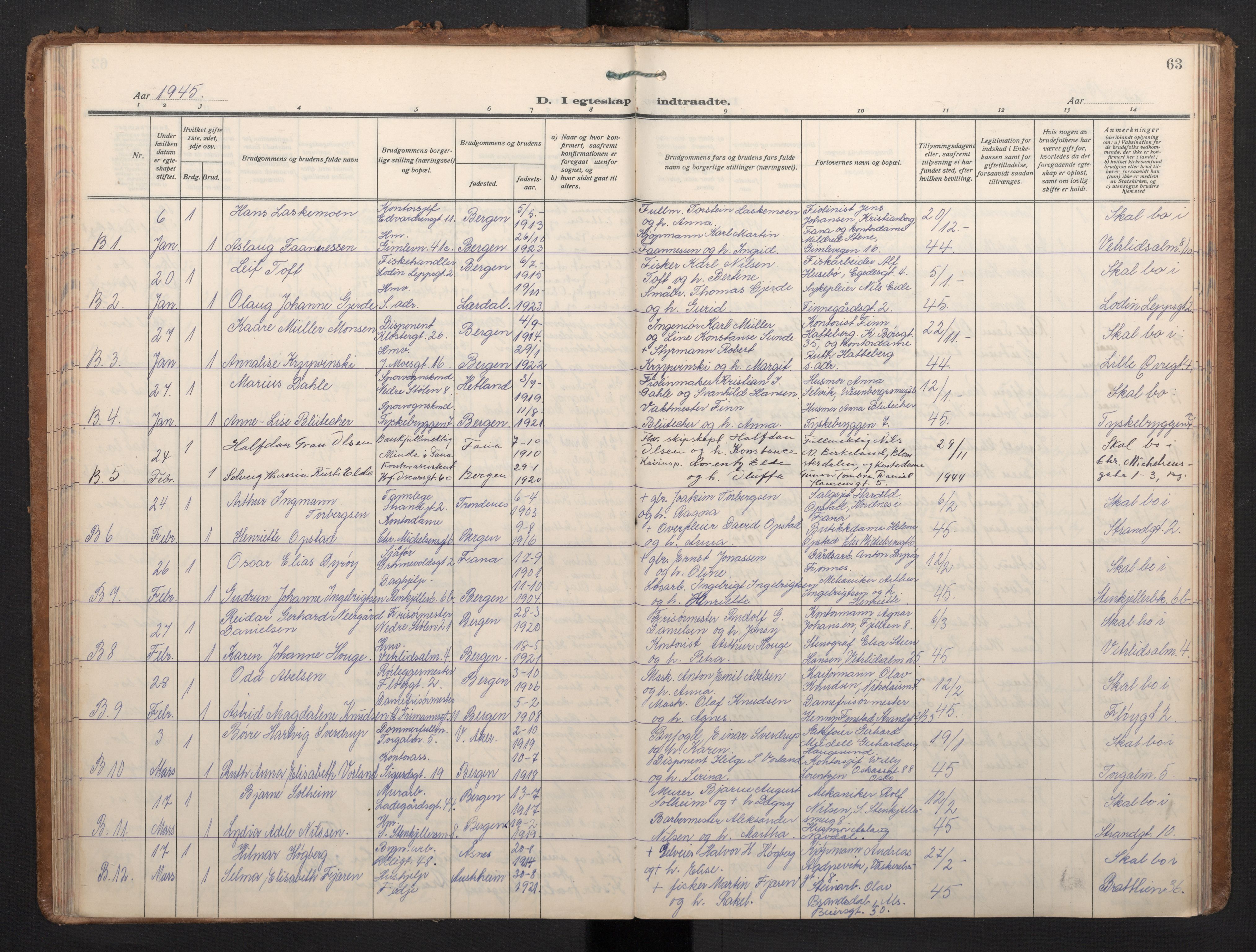 Korskirken sokneprestembete, AV/SAB-A-76101/H/Haa/L0040: Parish register (official) no. D 7, 1938-1952, p. 62b-63a