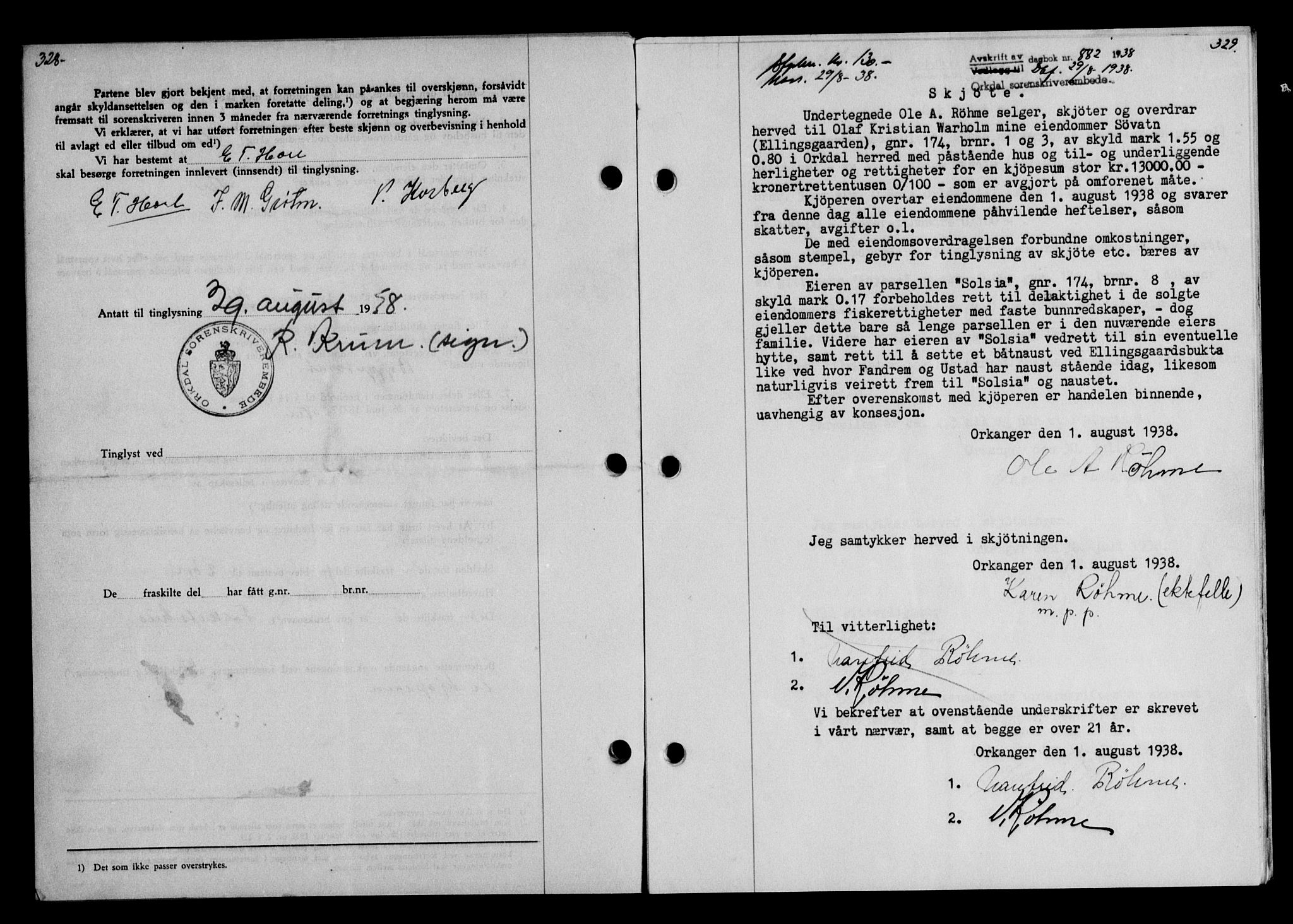 Orkdal sorenskriveri, AV/SAT-A-4169/1/2/2C/L0053: Mortgage book no. A3, 1938-1939, p. 328-329, Diary no: : 882/1938